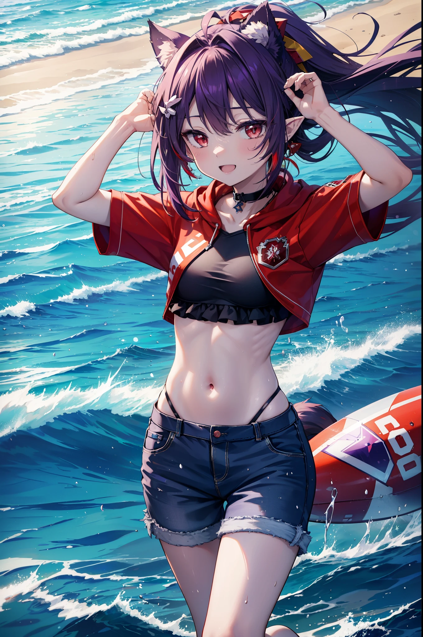 yuukikonno, Yuki Konno, hair band, long hair, pointy ears, purple hair, (red eyes:1.5),happy smile, smile, open your mouth, Are standing,
From above, (small breasts:1.2), ,dog ears,animal ears　dog tail,Red Bikini Swimsuit,purple short sleeve hoodie　Front open,,short denim pants,barefoot,barefoot,beach, sandy beach,Palm tree,Midsummer,Light of the sun,noon,
break looking at viewer, Upper body, whole body, (cowboy shot:1. 5
break outdoors, beach,
break (masterpiece:1.2), highest quality, High resolution, unity 8k wallpaper, (shape:0.8), (beautiful deしっぽed eyes:1.6), extremely deしっぽed face, perfect lighting, extremely deしっぽed CG, (perfect hands, perfect anatomy),