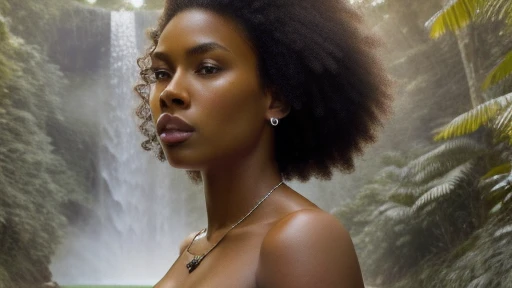 1 black girl, Afro-descendant, Amazon, fitness, tanned body, sweat running down her body, sensual pose,
red full lips, Gemma Chan lips,
Jessica Alba nose,
Ashley Graham face,
Rihanna's eyes, beautiful body 19 years old, Alone, long blonde hair, Colossal, blonde hair, Bare shoulders, brown eyes, tight leather outfit showing the lines of the body running in a waterfall forest in the background, jewelry, full body, a necklace , realistic, sexy woman, attention to detail