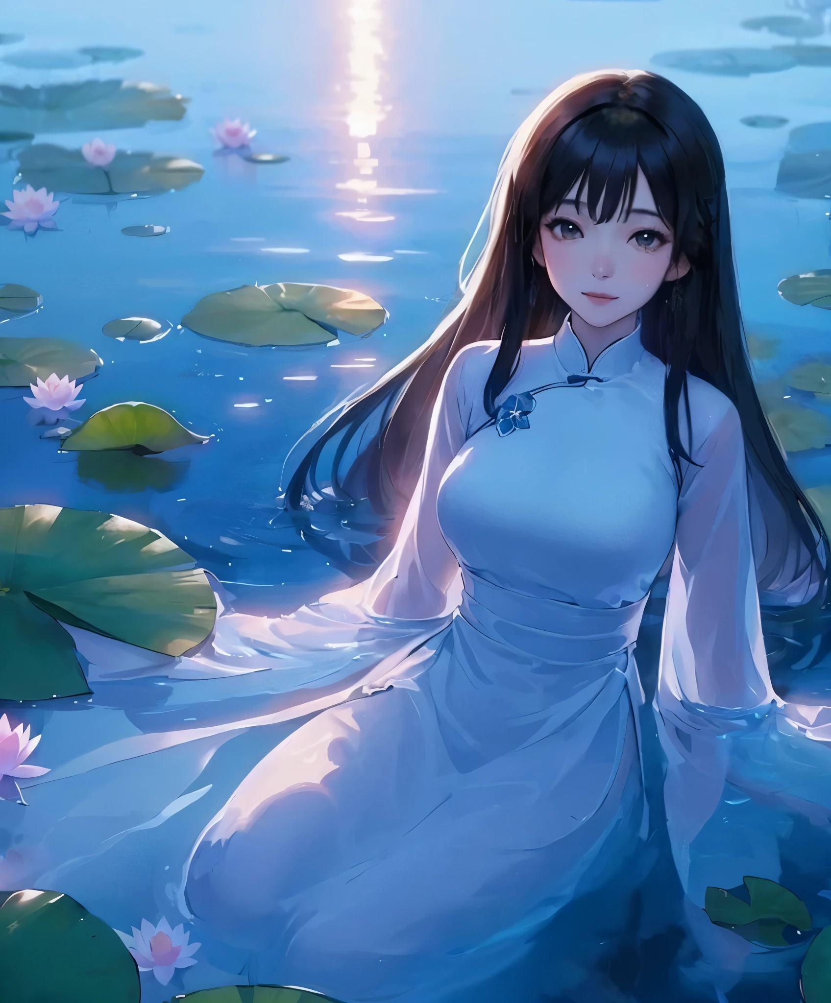 1lady solo, (from above), sitting in pond (in water:0.8), white (Ao dai) stylish, mature female, /(black hair/), (melancholic expression:0.6) (light blush:0.7), (masterpiece best quality:1.2) delicate illustration ultra-detailed, medium breasts BREAK (clear pond) outdoors, (water surface) ripples, (lotus leaves and flower), (at dusk), detailed background