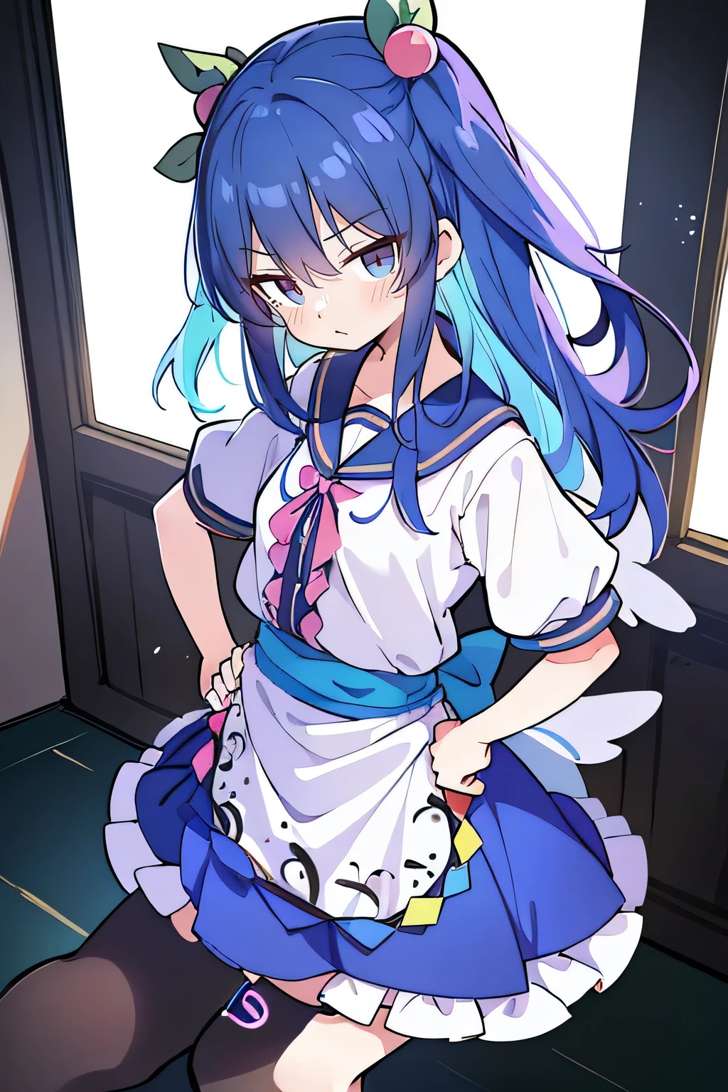 (masterpiece),best quality, expressive eyes, perfect face, 1girl,
Put your hands on your waist,fair, Gorgeous,Japanese cartoons,girl,lola,Hina Angel, blue hair, blue haired, floating clothes,Grab your waist, Grab your waist, hands on hips , hands on hips,sit, sit on ground, Legs on the ground, flat chest