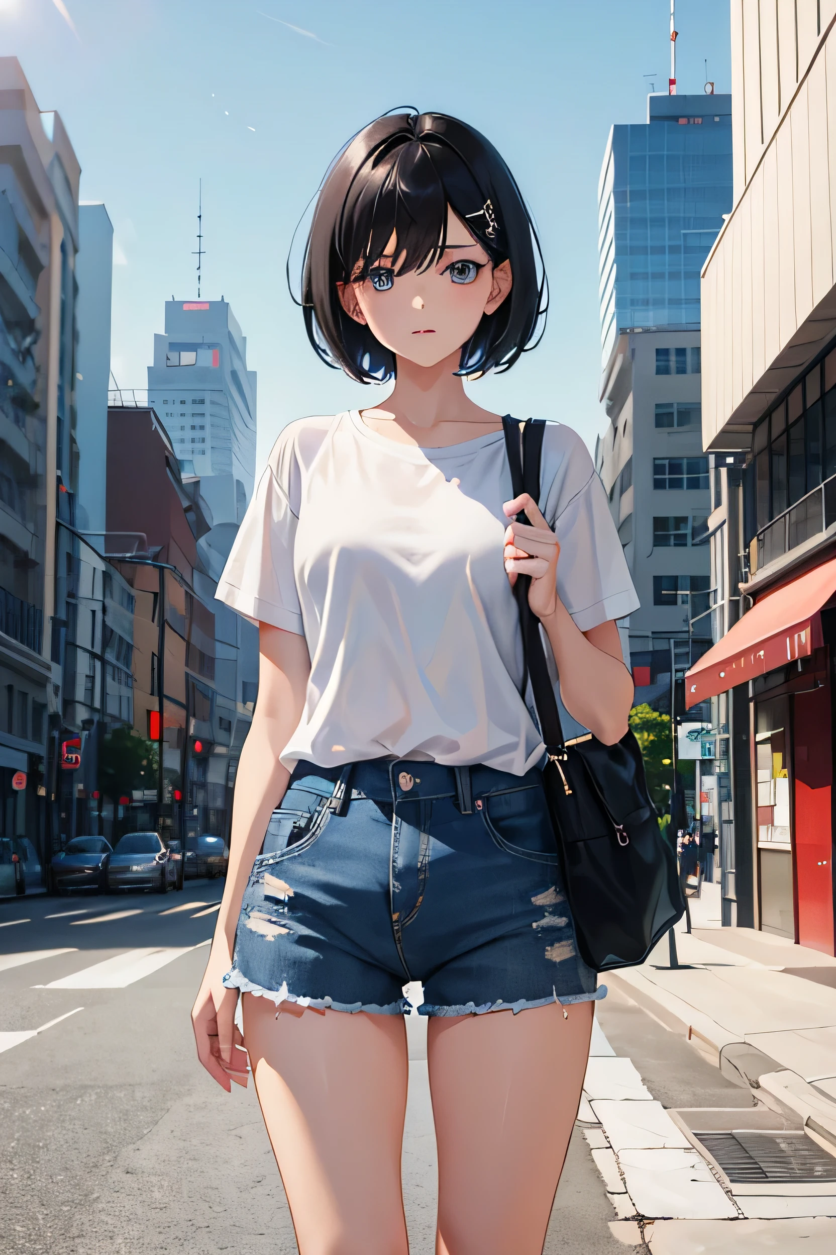1girl, short black hair, blue eyes, wearing plain white shirt, denim shorts, city, absurdres, high res, ultrasharp, 8K, masterpiece, looking at viewer
