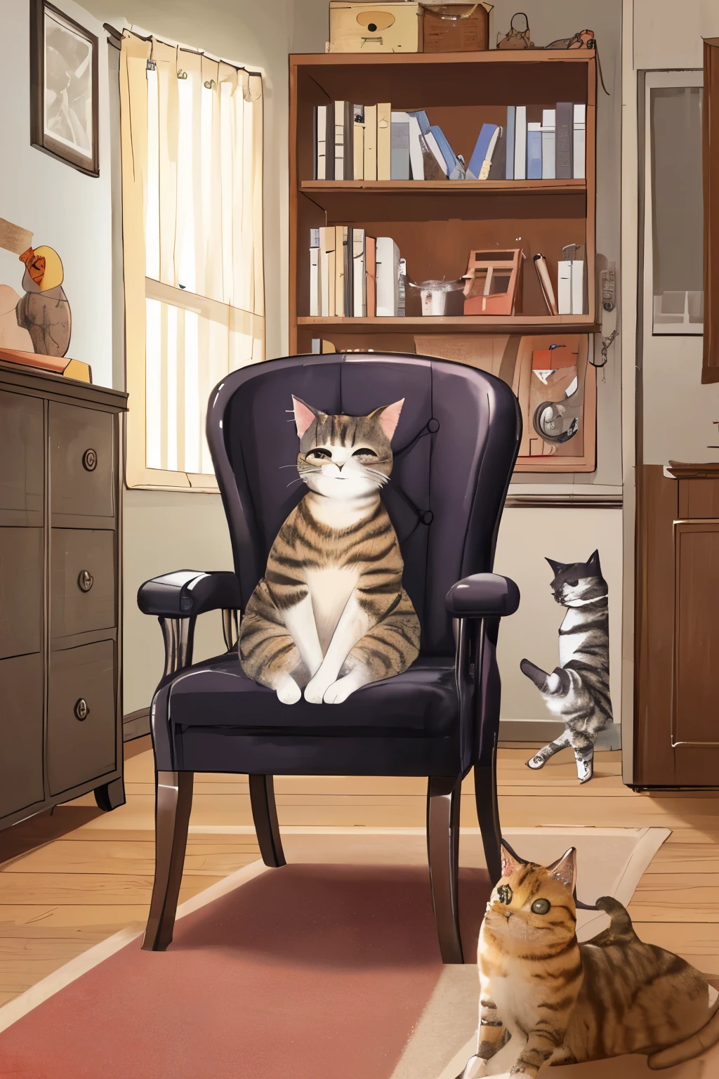 There is a cat and a dog sitting in the room, a cat sitting in a chair