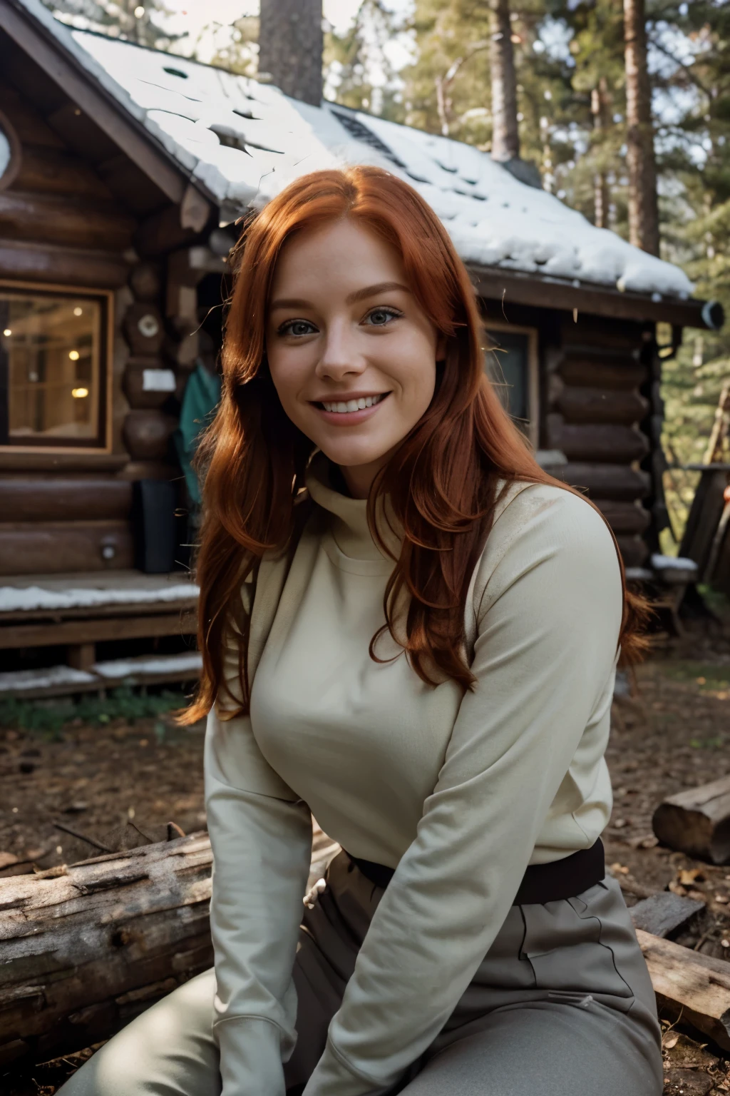 A close up portrait of a busty red haired girl, smiling, wearing tight outdoor clothing, sitting on the ground in front of a log cabin in the woods, hyper realistic photo, picture taken with canon eos 3 and kodak gold 400