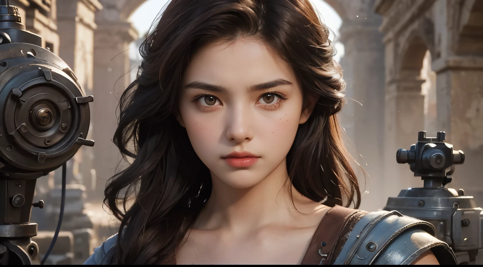 A beautiful woman. Dark brown hair. Twenty years old. She is looking at the camera with a defiant expression. A super ancient machine exists in her background. It is an excellent device that surpasses even modern civilization. That image.