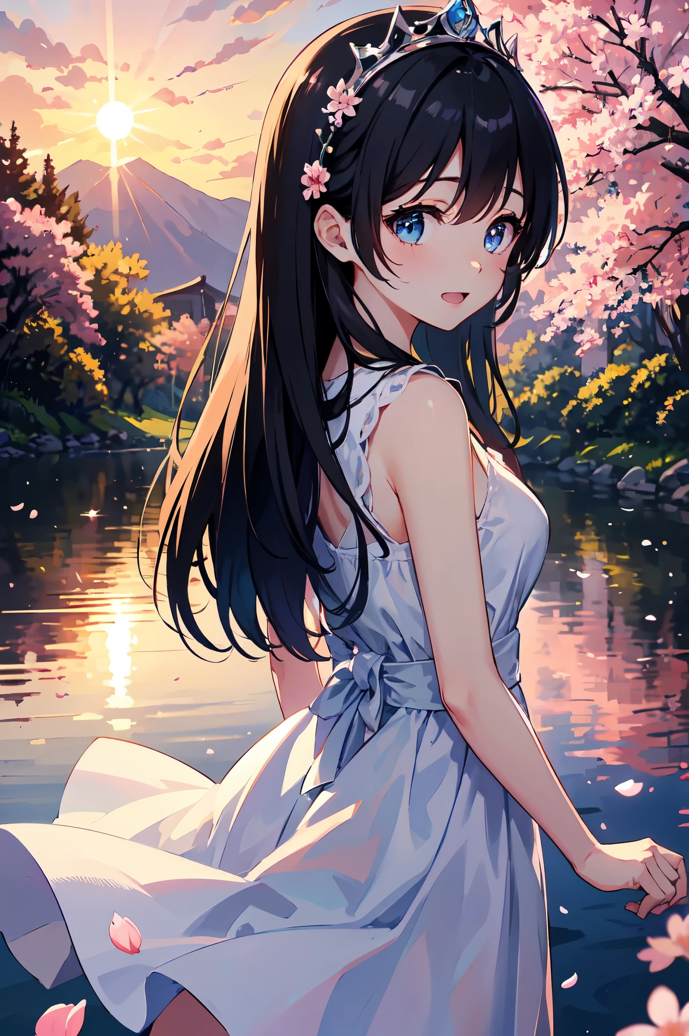 highest quality、very delicate and beautiful、masterpiece、sunset、evening、18-year-old 、Japanese、、black haired、blue eyes、shiny skin、valley、white dress、Tiara on the head、laughter、standing、backwards、butt、Prickett、Pond in the background、forest、cherry blossoms