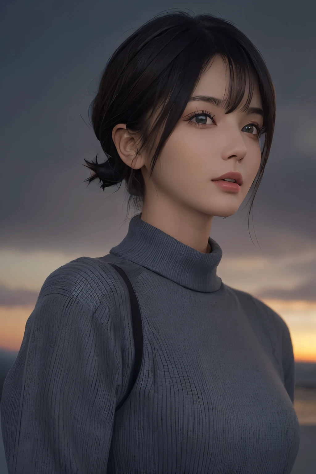 (masterpiece:1.3), (8K, realistic, Raw photo, highest quality: 1.4), (1 girl), beautiful face, (realistic face), (black hair, short hair:1.3), beautiful hairstyle, realistic eyes, detailed and beautiful eyes, (realistic skin), beautiful skin, (sweater), disorganized, Charm, ultra high resolution, surreal, very detailed, golden ratio，whole body，skirt