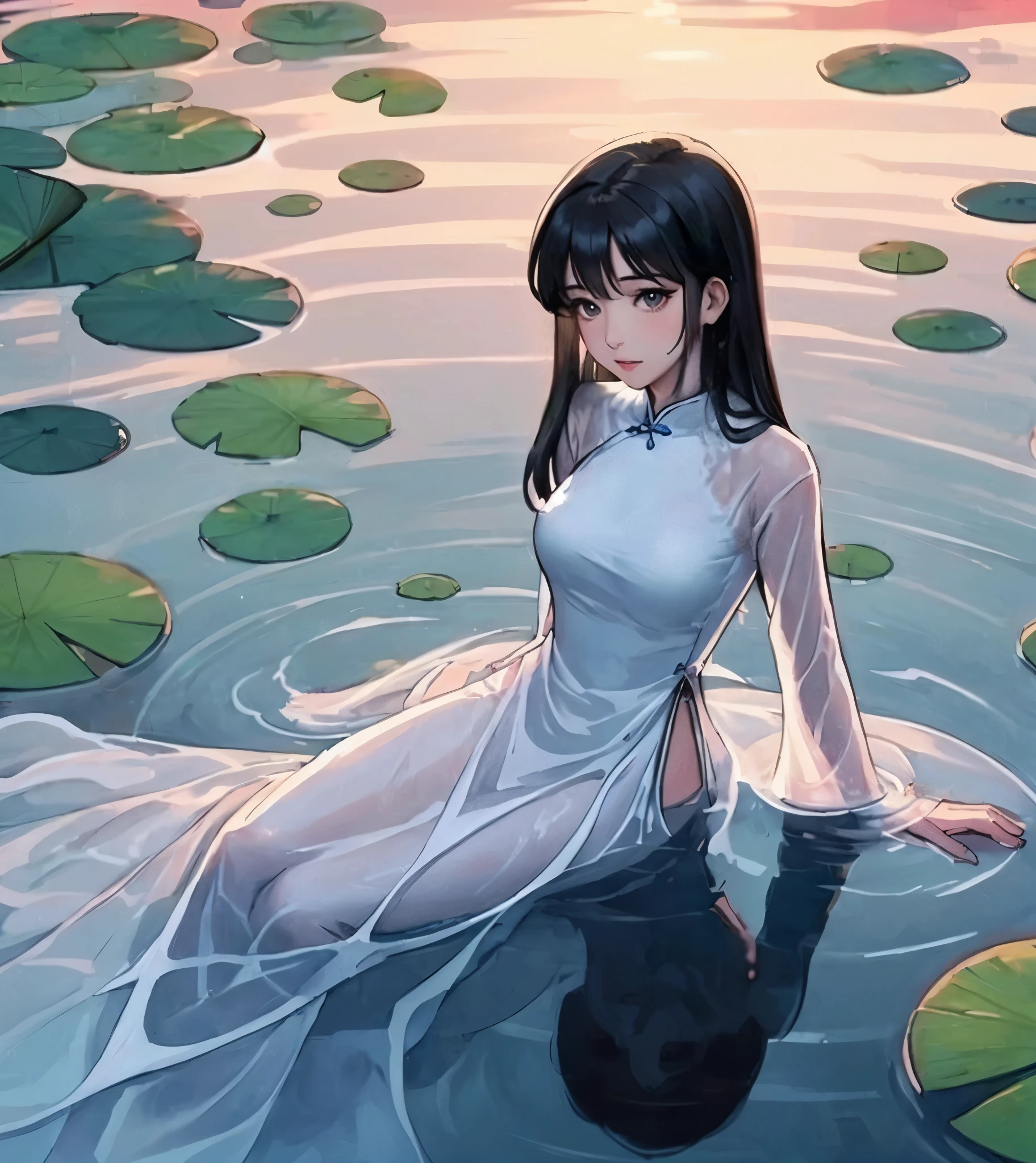 1lady solo, (from above), sitting in pond (in water:0.8), white (Ao dai) stylish, mature female, /(black hair/), (melancholic expression:0.6) (light blush:0.7), (masterpiece best quality:1.2) delicate illustration ultra-detailed, medium breasts BREAK (clear pond) outdoors, (water surface) ripples, (lotus leaves and flower), (at dusk), detailed background