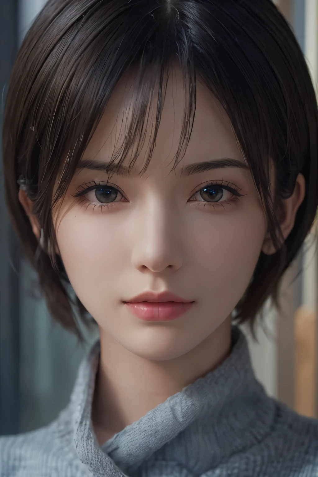 (masterpiece:1.3), (8K, realistic, Raw photo, highest quality: 1.4), (1 girl), beautiful face, (realistic face), (black hair, short hair:1.3), beautiful hairstyle, realistic eyes, detailed and beautiful eyes, (realistic skin), beautiful skin, (sweater), disorganized, Charm, ultra high resolution, surreal, very detailed, golden ratio,whole body,skirt
