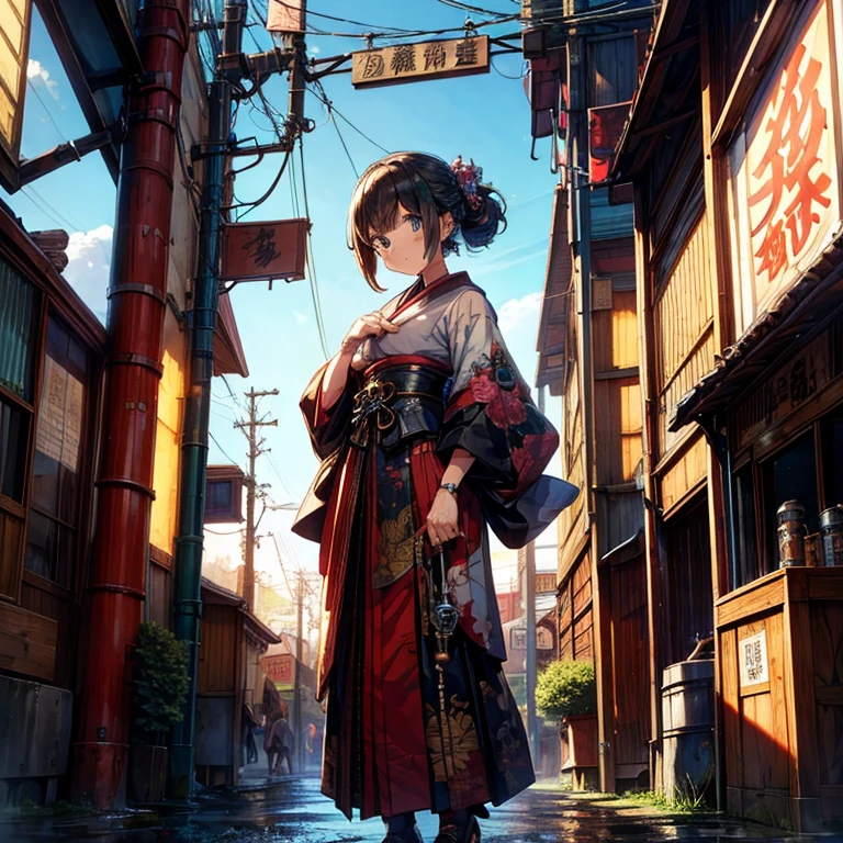 //Style Imagine a scene that combines the elegance of Taisho Romance with the intricate mechanics of steampunk aesthetics, BREAK //Character In the center stands a cute anime-style girl who embodies the spirit of a princess, (Her behavior is like a ruler with sharp eyes), BREAK //Fashion Her clothes are as follows, A modern, colorful fusion of kimono and high-waisted hakama, it is embellished with intricate mechanical details that integrate gears, pistons, and cables, BREAK // Background The background shows a retro-futuristic Japan, with vintage buildings, cylinders, cranks, connecting rods, pumps, and meters, a tangle of pipes and cables all around her, and a muffler spewing white steam, It also enhances the strange and technological atmosphere of the scene.