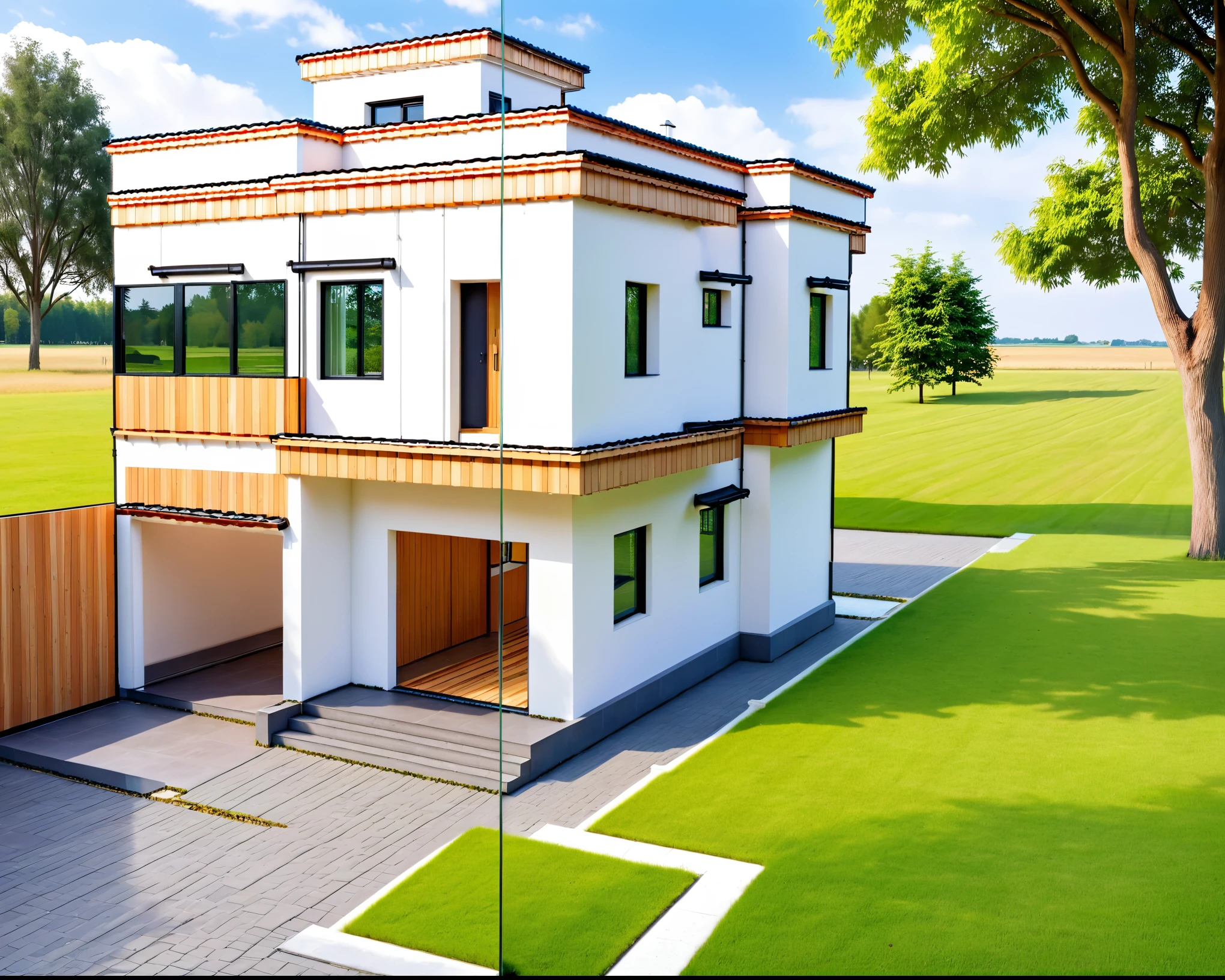 Raw photo,Masterpiece, high quality, best quality, authentic, super detail,
exterior, outdoors, house style modern on the street , glass windows, gate, wooden ceiling, white wall,
road, pavement, grass, trees, sky, cloud, (day:1.1), vivid colour.
