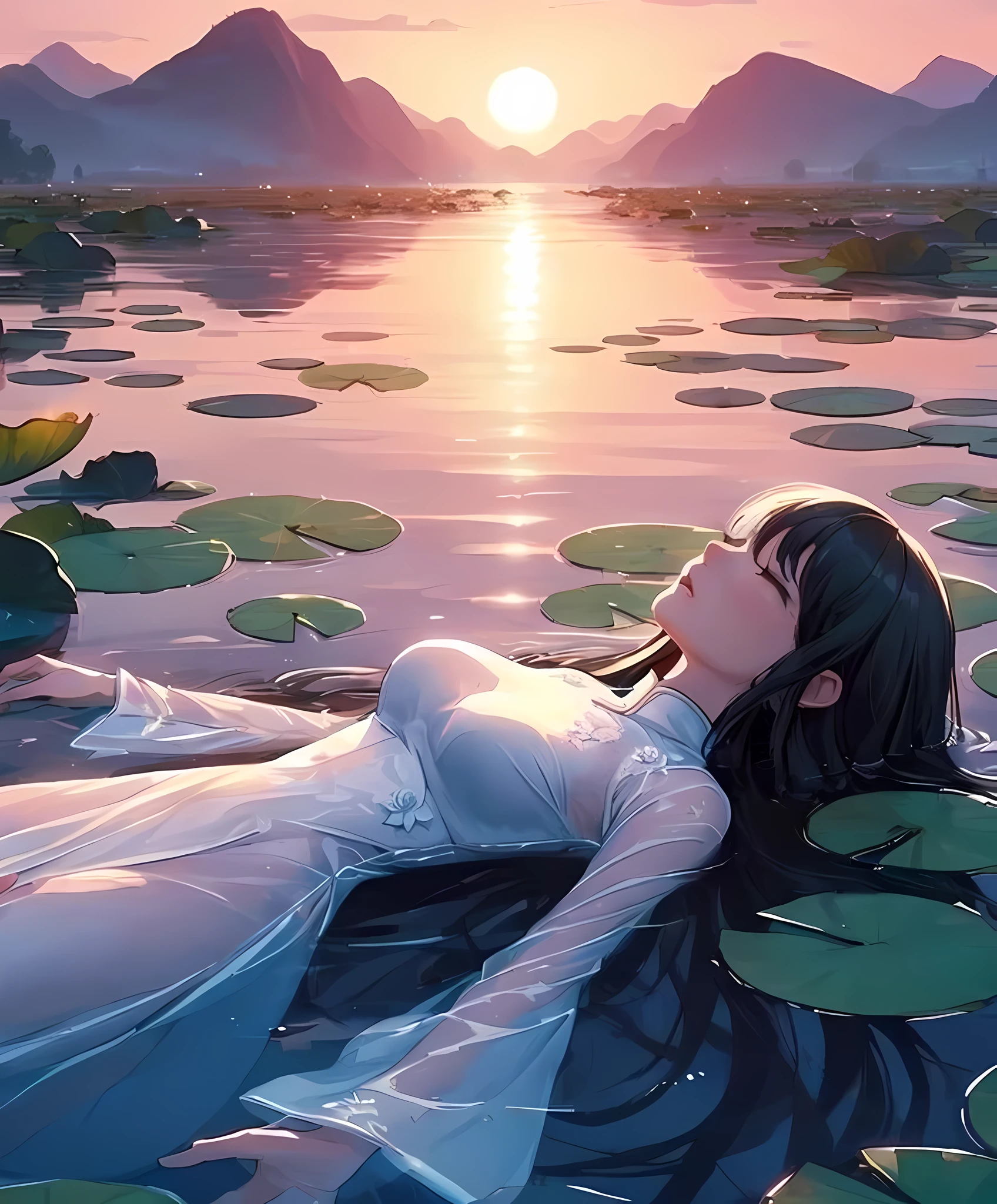 1lady solo, (from above), ((floating on her back) on pond) (in water:0.8), (looking up at sky), white (Ao dai) stylish, mature female, /(black hair/), (eyes lightly closed), (closed mouth), (masterpiece best quality:1.2) delicate illustration ultra-detailed, medium breasts BREAK (clear pond) outdoors, (water surface) ripples, (lotus leaves and flower), (at dusk), detailed background