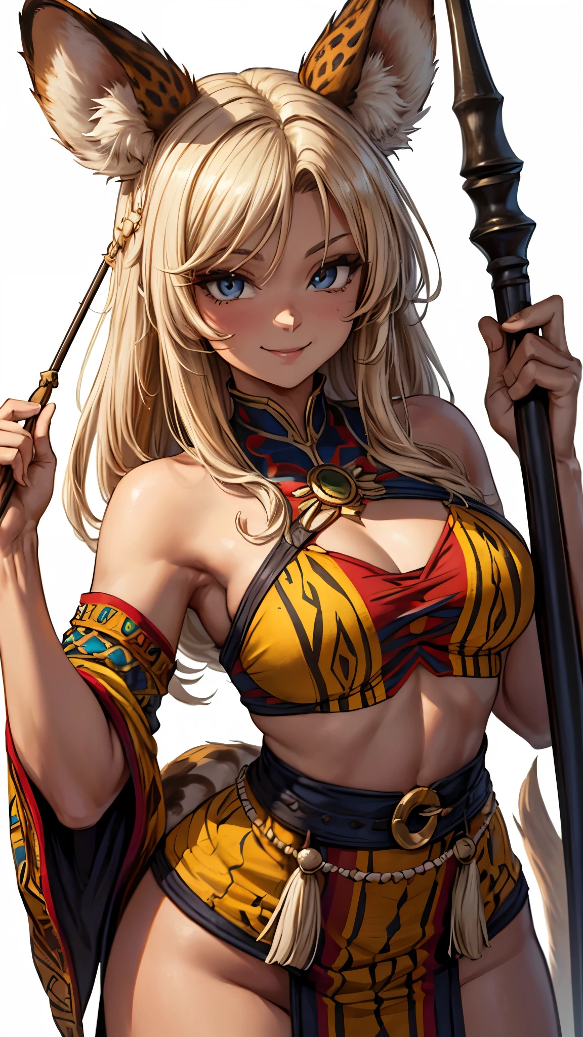 (Masterpiece, best quality), detailed, ((character art, full of details, Anime Babe, Wallpaper, Game Illustration, Animagine XL Babe, Fan Art, Animated)), (AFK_Arena, Antandra, cheetah girl)), (1woman, female), ((simple tribal african folk clothes, rough desert tribal clothes)), (dark tanned skin, cheetal ears and tail) , (detailed eyes), detailed face, ((happy face expressions smiling)), athletic physical form, ((white blonde color long hair)), ((holding spear, holding weapon)), (simple background, white background: 1.3)