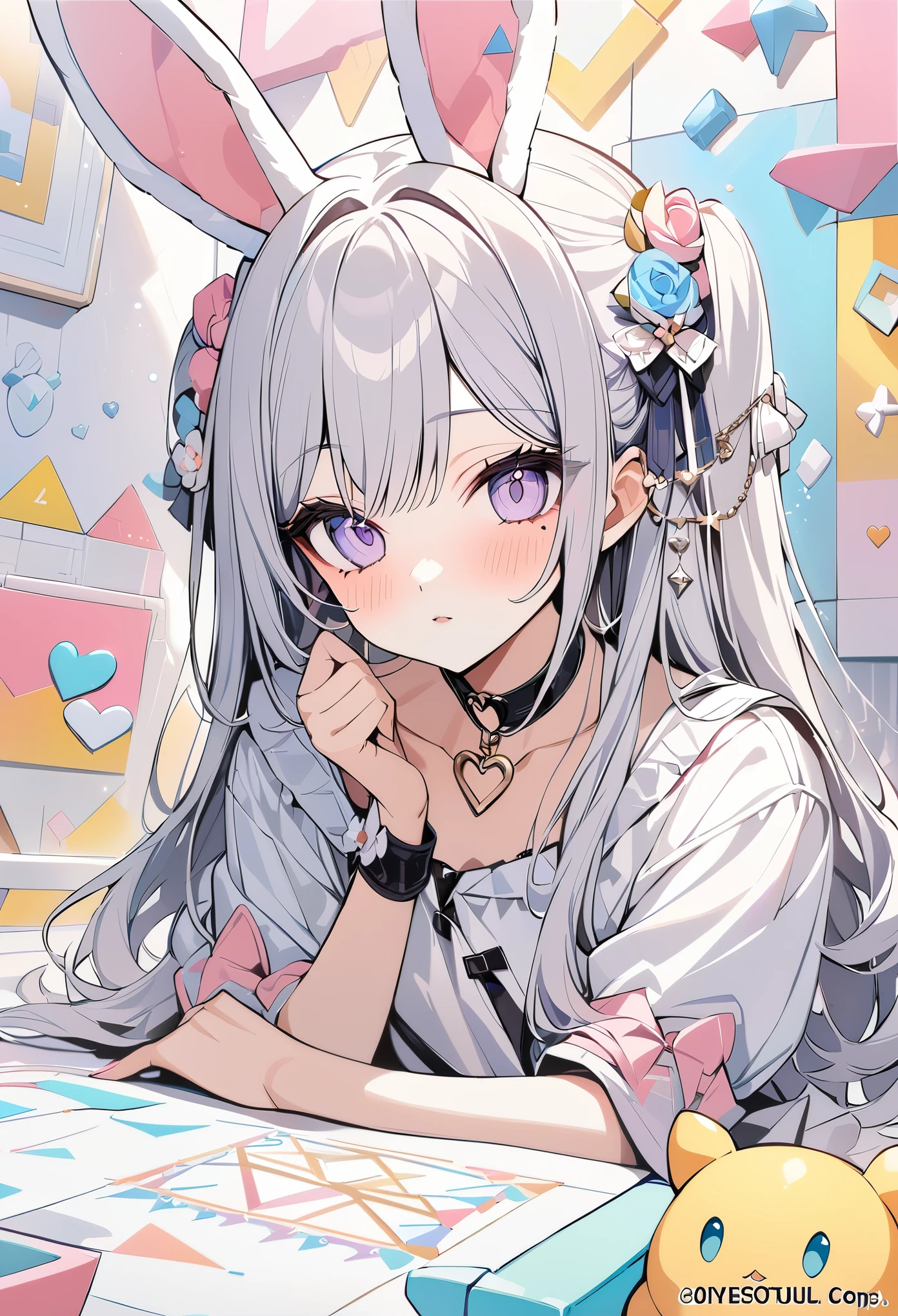 ,beautiful flower々),mole under eye, heart shaped choker, (masterpiece, highest quality), official art, beautiful and aesthetic: 1.2), (1 girl), very detailed, (geometry art: 1.3), colorful、rabbit ears、Idol