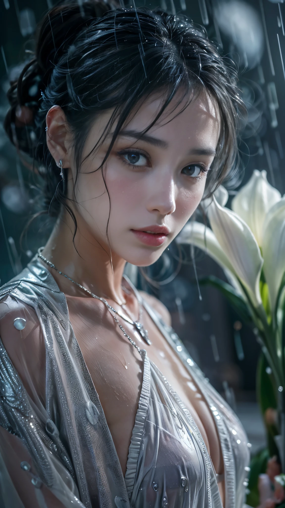 (Realistic:1.3, 16k, highest quality, masterpiece, Ultra-high resolution), ((snow, From below)), Perfect dynamic composition:1.2, (Shrine at night in a modern city, Expressions of sadness:0.9, Low angle shooting:0.9), Highly detailed skin and facial textures:1.2, Young woman getting wet in the rain, Fair skin, Sexy beauty, Incredibly slim body, beautifully、beautiful, Very beautiful face, Water droplets on the skin, (The rain drips down on my body, Wet body, Wet Hair), (Professional kimono dressing:1.0, Holding a bouquet of wet lilies, Wearing a wet silver kimono), (Shapely breasts, Chest gap), (Big eyes that exude beautiful eroticism:0.7, Lips that exude beautiful eroticism:0.7), necklace, Earrings, bracelet, wedding ring, Highly detailed and accurate hand and finger representation