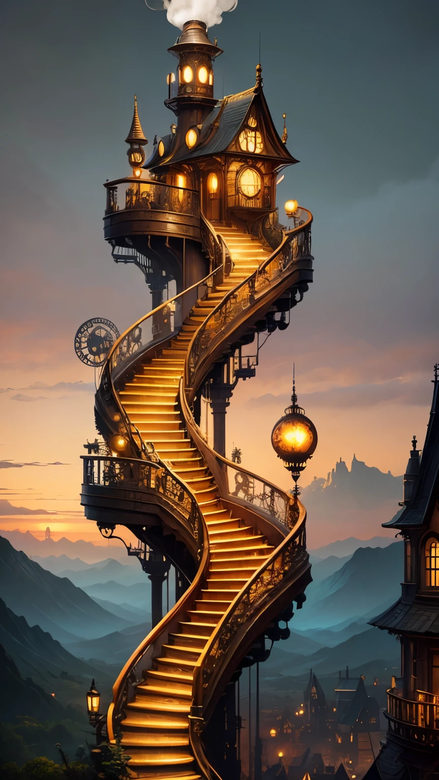 steampunkai。highest quality。masterpiece。detailed details。Landscape with a spiral staircase。