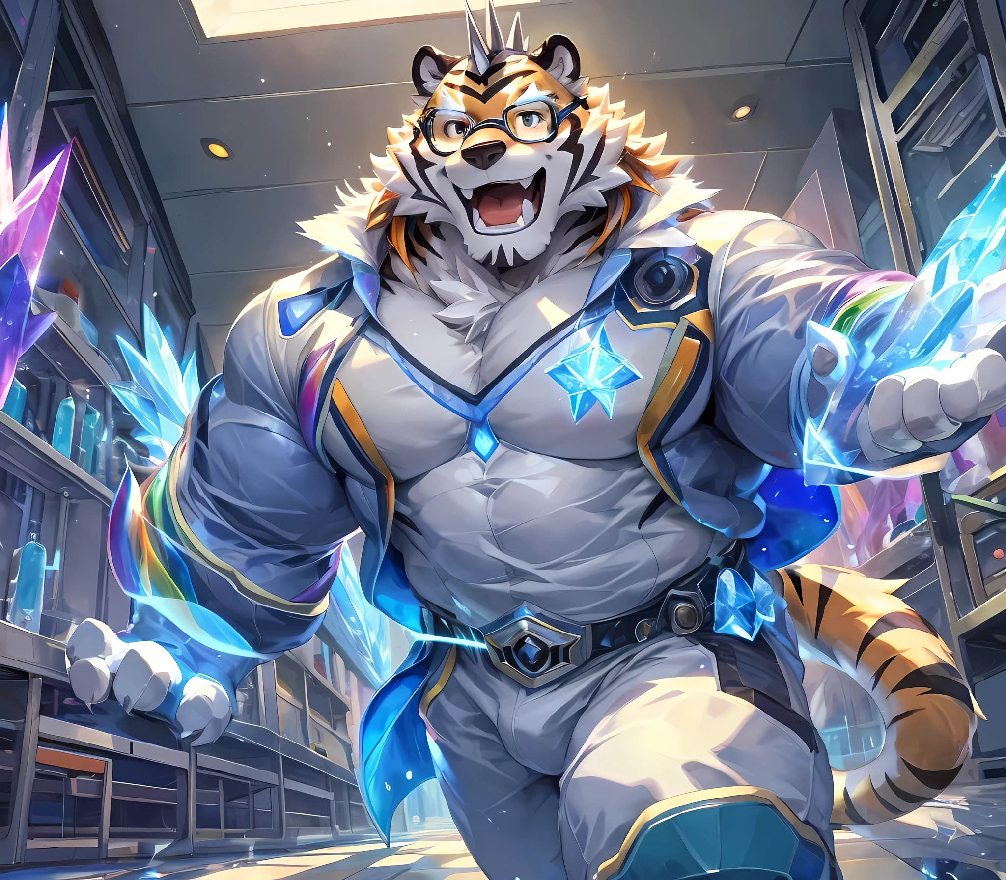 masterpiece,high quality,anime,detailed eyes,furry male White Tiger, Ryekie, Great physique,strong arms manly, in the Big School, walk through hallway, Laboratory, Scientist suit, look up the sky through glasses, (Rainbow Spark), Shimmering Magic crystal, Joyful, by null-ghost,by pino daeni