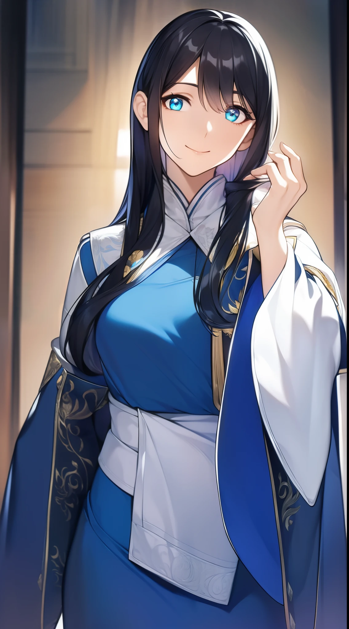 sumire, long hair, black hair, cyan eyes, medium breast, white uniform, standing, visual novel cg style, seductive smile, BREAK looking at viewer, BREAK (masterpiece:1.2), best quality, high resolution, unity' 8k wallpaper, (illustration:0.8), (beautiful detailed eyes:1.6), extremely detailed face, perfect lighting, extremely detailed CG, (perfect hands, perfect anatomy)