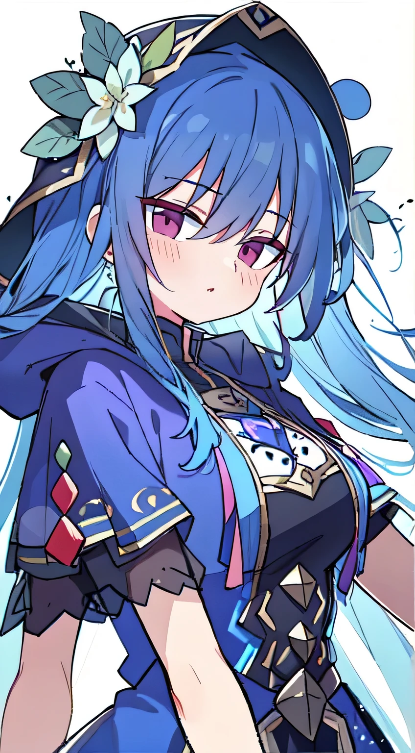 "Epic desert daylight atmosphere, Stunning 4k artwork shows an elegant girl with flowing light blue hair. Deep purple eyes penetrate the entire scene，Wear the white saint cloak and hood elegantly，In the vast desert. There are blue flowers on her head"