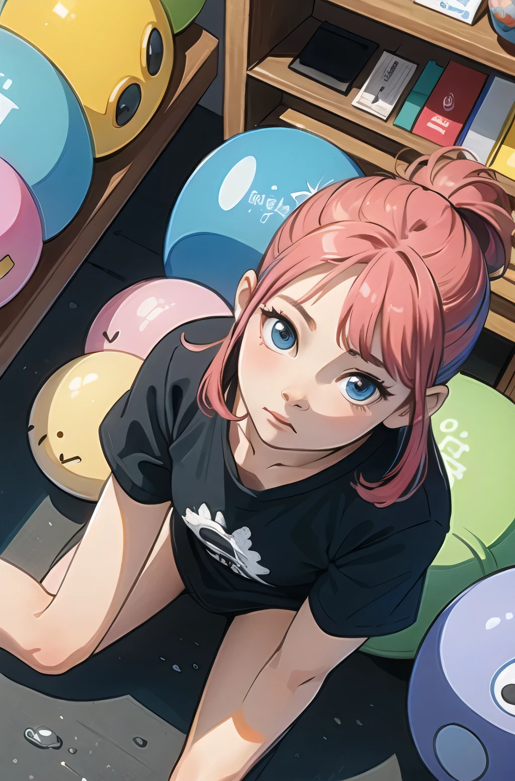 (masterpiece, highest quality), (colorful:1.4), From above, alone, A girl squats on the ground in a store with many stuffed animals on the shelves, Depth of the bounds written,head whole,Pinky T-shirt,cute,Driving a car