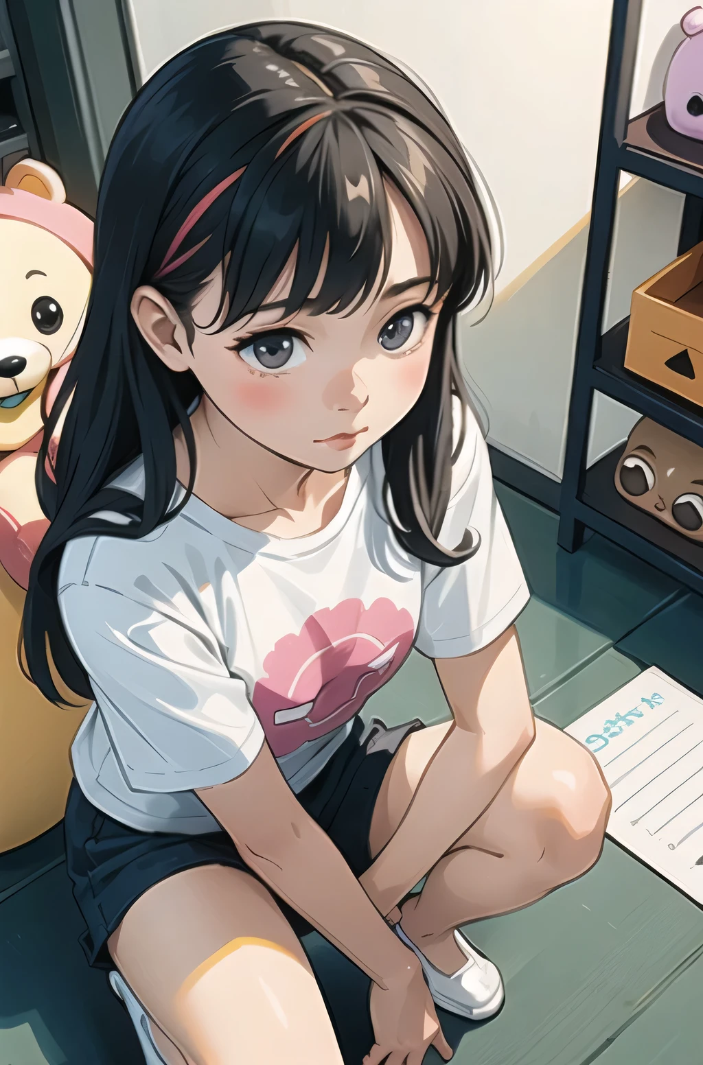 (masterpiece, highest quality), (colorful:1.4), From above, alone, A girl squats on the ground in a store with many stuffed animals on the shelves, Depth of the bounds written,head whole,Pinky T-shirt,cute,Driving a car