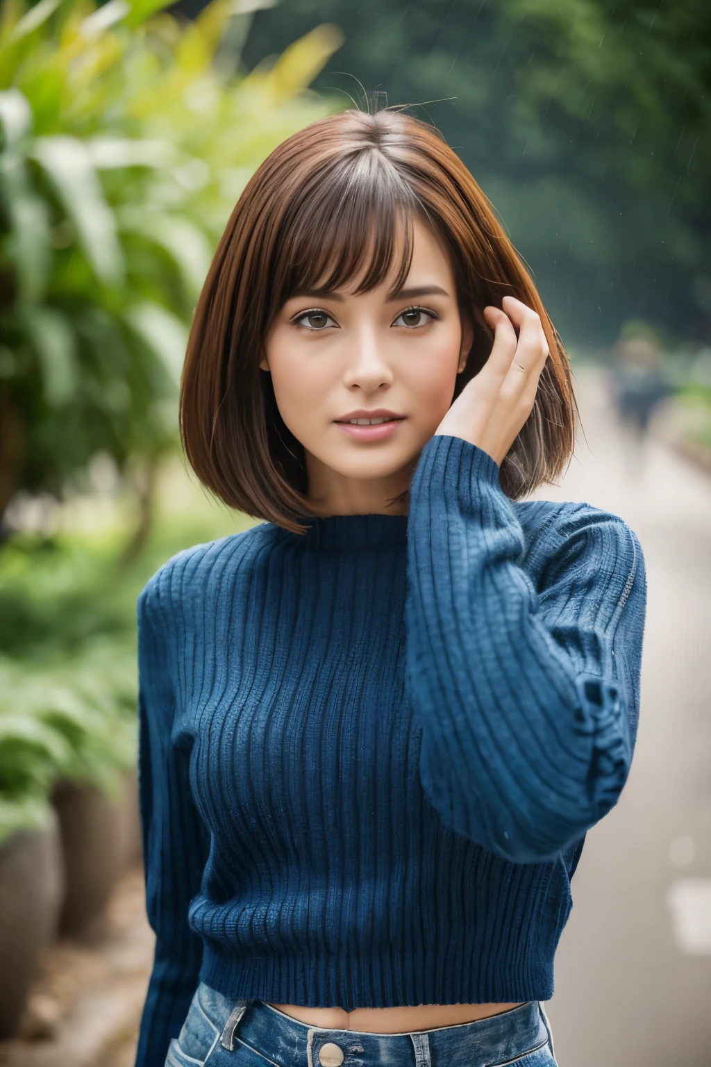 ((highest quality、In 8K、masterpiece:1.3))、sharp focus:1.2、beautiful woman perfect body:1.4、slim abs:1.2、((bob heyer、straight hair:1.2))、(dark orange knitwear、denim:1.1)、(rain、street:1.2)、wet body:1.5、three-dimensional texture、detailed eye、brown hair、very shiny hair、Rear view、hair quality improvement、agricultural management、Have a hoe