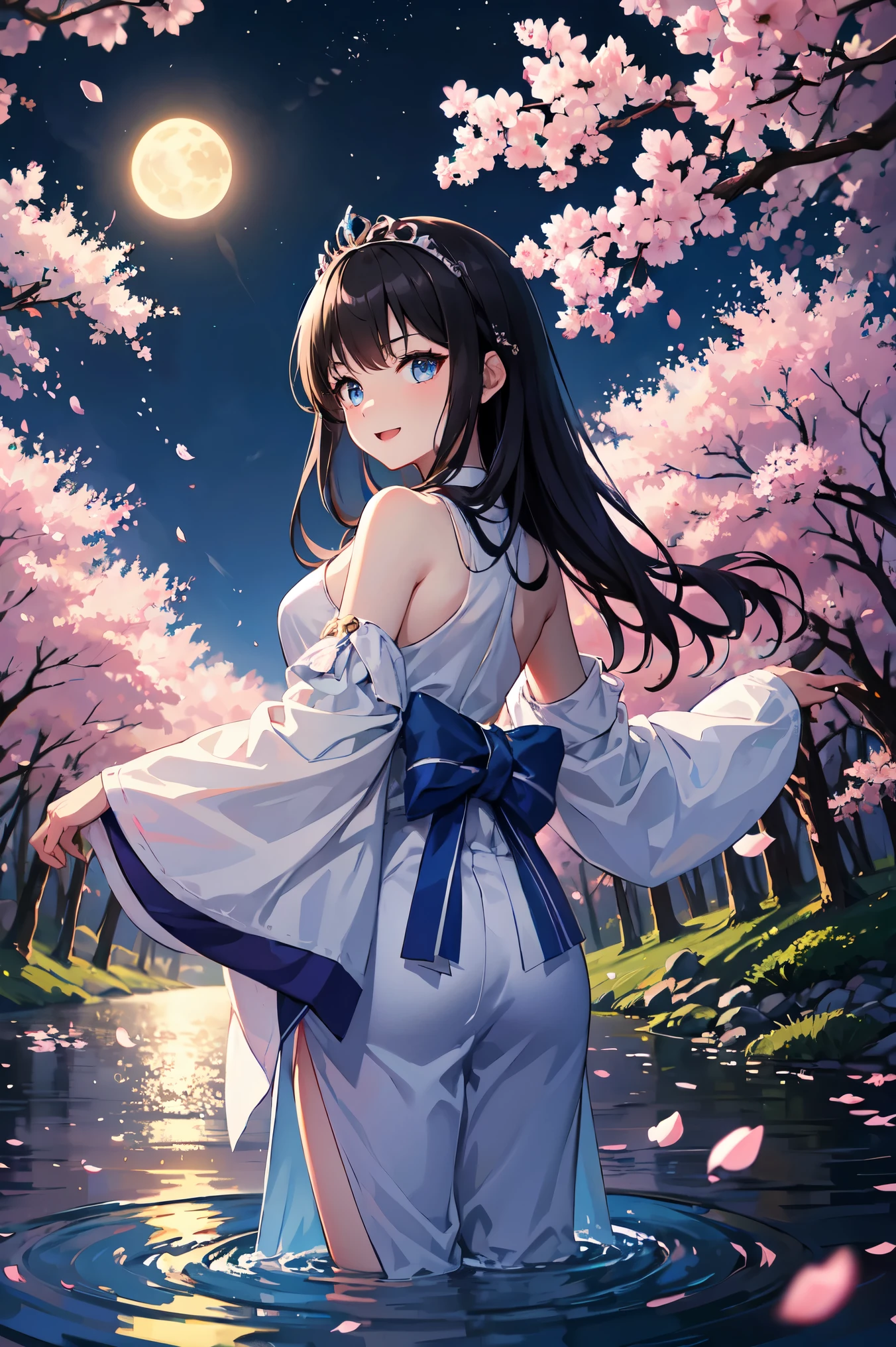 highest quality、very delicate and beautiful、masterpiece、night、full moon、18-year-old 、Japanese、、black haired、blue eyes、shiny skin、valley、blue one piece、Tiara on the head、laughter、standing、backwards、Prickett、Pond in the background、forest、cherry blossoms