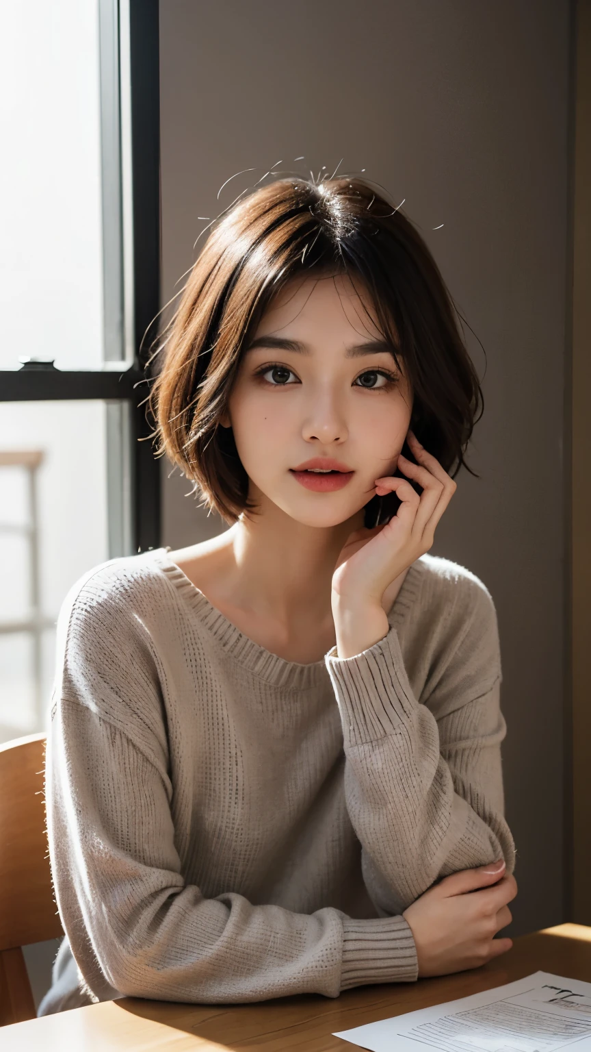 (Highly detailed CG Unity 8K wallpaper,table top, highest quality, Super detailed, look at the camera:1.2, light shines on your face:1.5, gray background, professional lighting), Living in Japan30old woman、short hair, black haired, plump facial contours:1.5, (thin eyebrows:1.25), big shining eyes, small nose, Soft mouth, physically thin, (shirt under sweater), sincere impression, noble mix fix v3.0