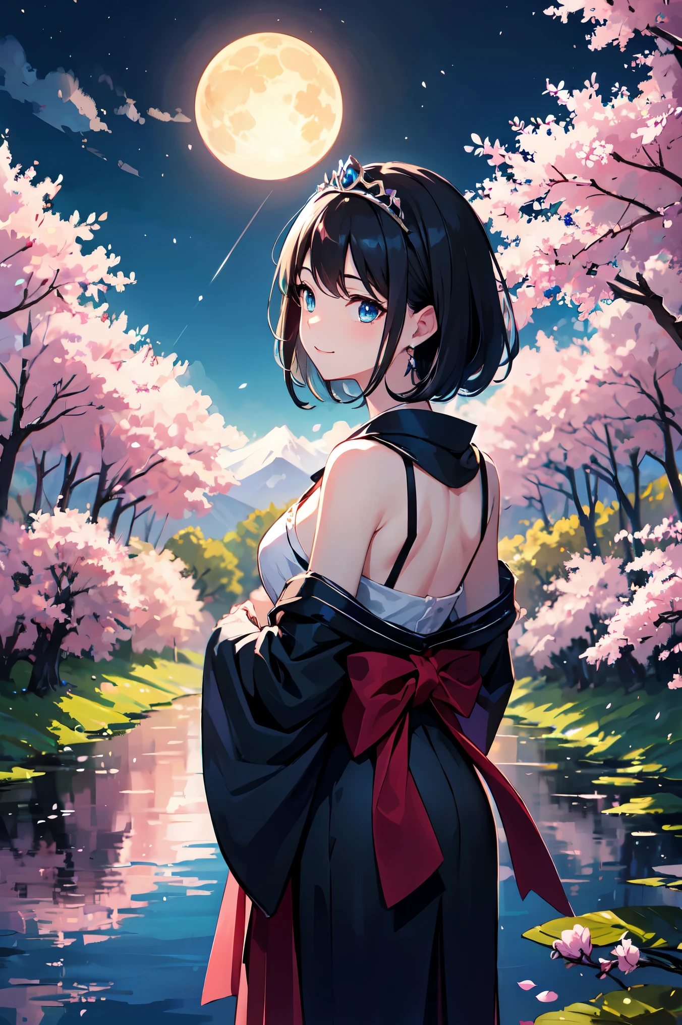 highest quality、very delicate and beautiful、masterpiece、night、full moon、18-year-old 、Japanese、、black haired、blue eyes、shiny skin、valley、blue one piece、Tiara on the head、laughter、standing、backwards、Prickett、Pond in the background、forest、cherry blossoms
