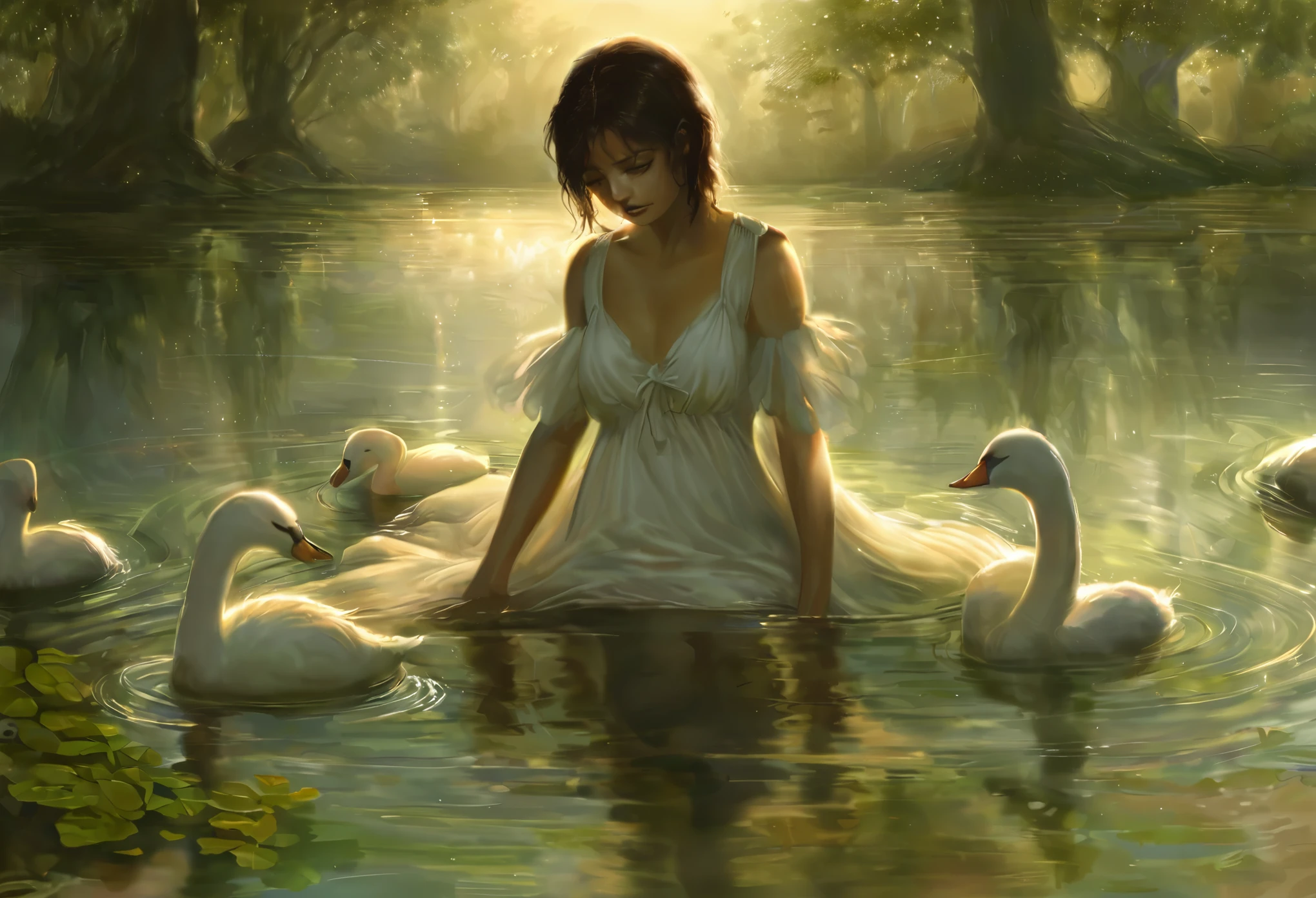 Realistic art style, in a tranquil pond a beautiful girl wades in the water up to her thighs, wearing a loose white summer dress, she playfully splashes the warm water in the afterglow of the setting sun as it casts a golden path on the water's surface. The silhouettes of trees are sharply defined against the light, their shadows dancing gently. On the pond, a swan glides gracefully along with a nurturing presence toward her two little cygnets, their reflections rippling on the water.