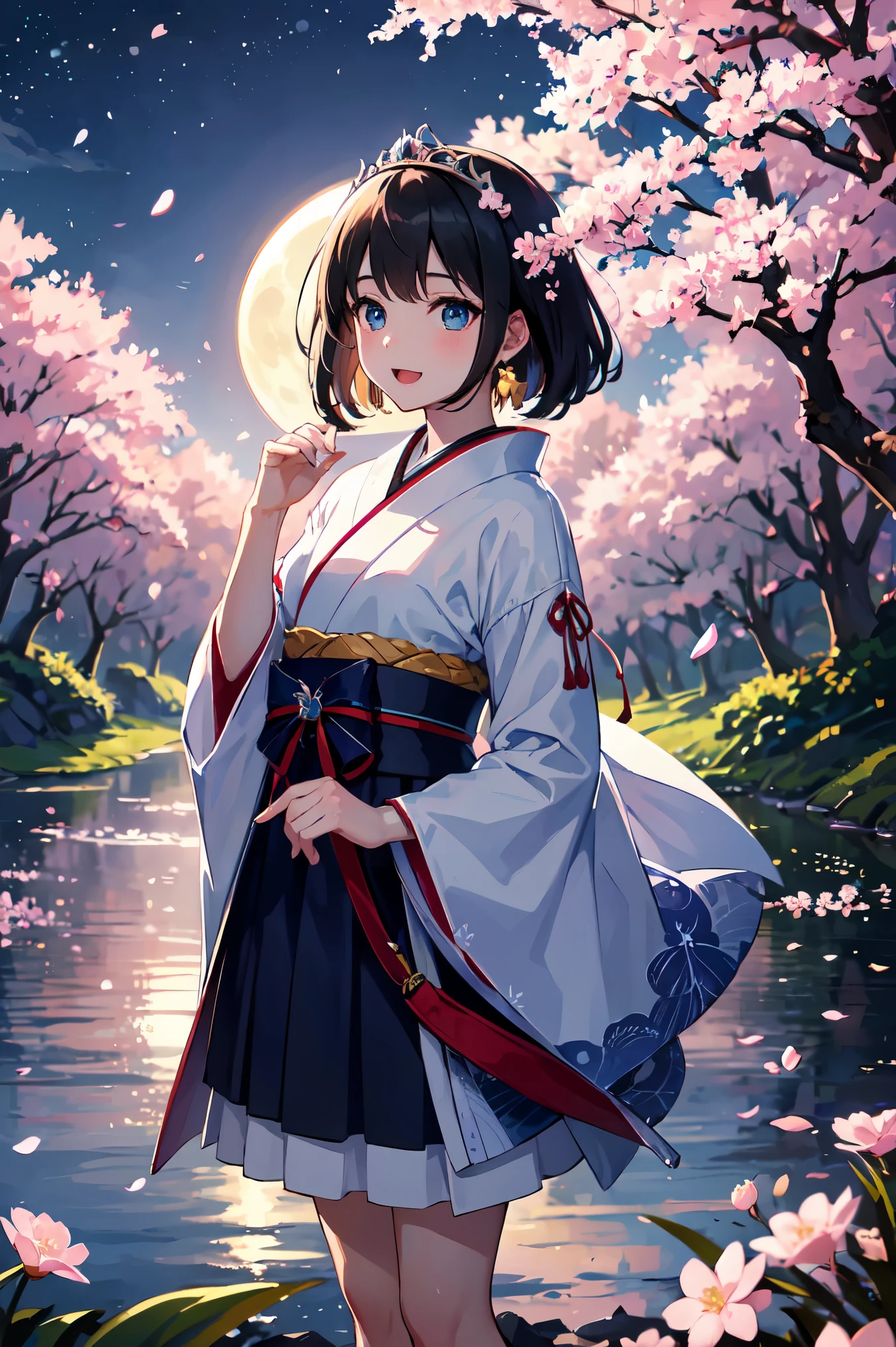 highest quality、very delicate and beautiful、masterpiece、night、full moon、18-year-old 、Japanese、、black haired、blue eyes、shiny skin、valley、blue one piece、Tiara on the head、laughter、standing、backwards、Prickett、Pond in the background、forest、cherry blossoms