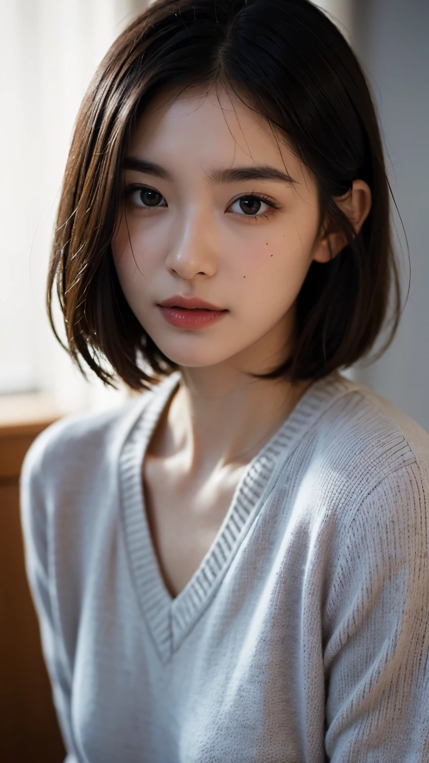 (Highly detailed CG Unity 8K wallpaper,table top, highest quality, Super detailed, look at the camera:1.2, light shines on your face:1.5, gray background, professional lighting), Living in Japan30old woman、short hair, black haired, plump facial contours:1.5, (thin eyebrows:1.25), big shining eyes, small nose, Soft mouth, physically thin, (shirt under sweater), sincere impression, noble mix fix v3.0