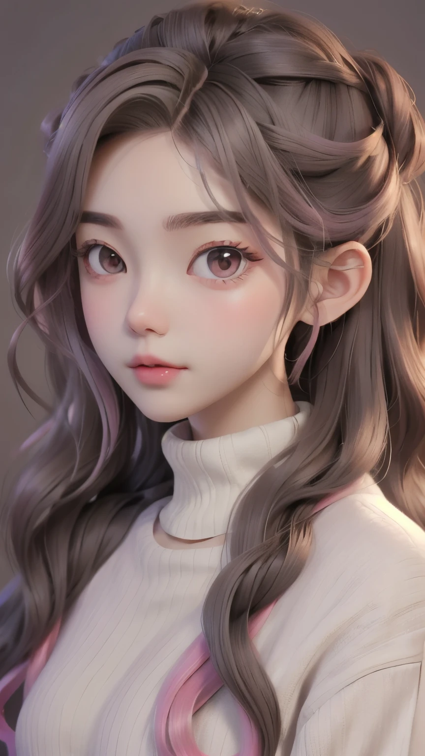 girl, long brown hair, gray eyes, Sharp features, white skin, pink lips, wavy hairstyle, sweater, brown jacket