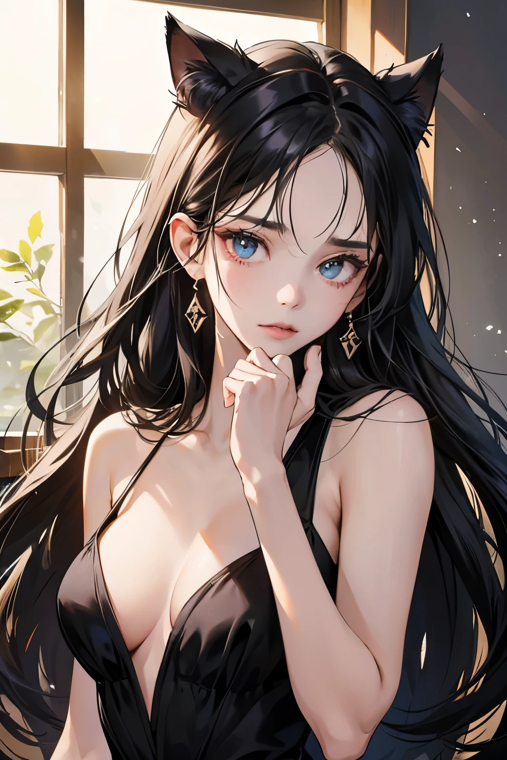 In this anime-inspired picture prompt, we see a captivating girl with long, black hair elegantly draped around her shoulders. Adorned with cat ear-shaped hair accessories atop her head, her strikingly exquisite facial features are a true sight to behold. With pitiful and sorrowful eyes, she gazes up at the audience, evoking a sense of longing and vulnerability.

Her slender body, accentuated by a slim upper body, is adorned in a tight black dress that beautifully showcases her ample bosom. The dress embraces her bare chest, revealing her flawless snow-white skin that appears incredibly soft and tender to the touch. The black dress extends to cover her shoulders and neck, leaving her small waist exposed, adding a touch of delicacy to her