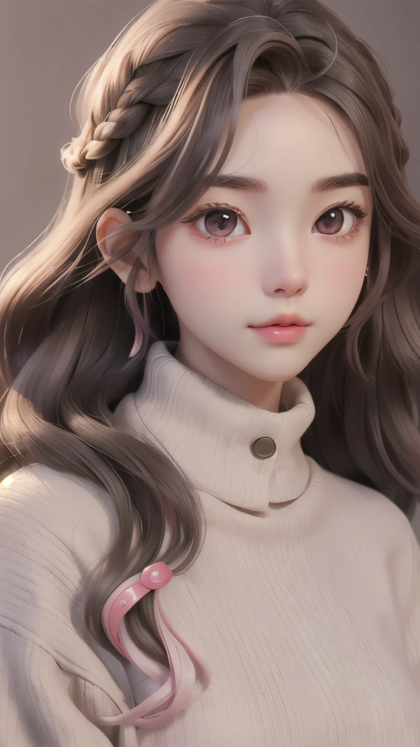 girl, long brown hair, gray eyes, Sharp features, white skin, pink lips, wavy hairstyle, sweater, brown jacket