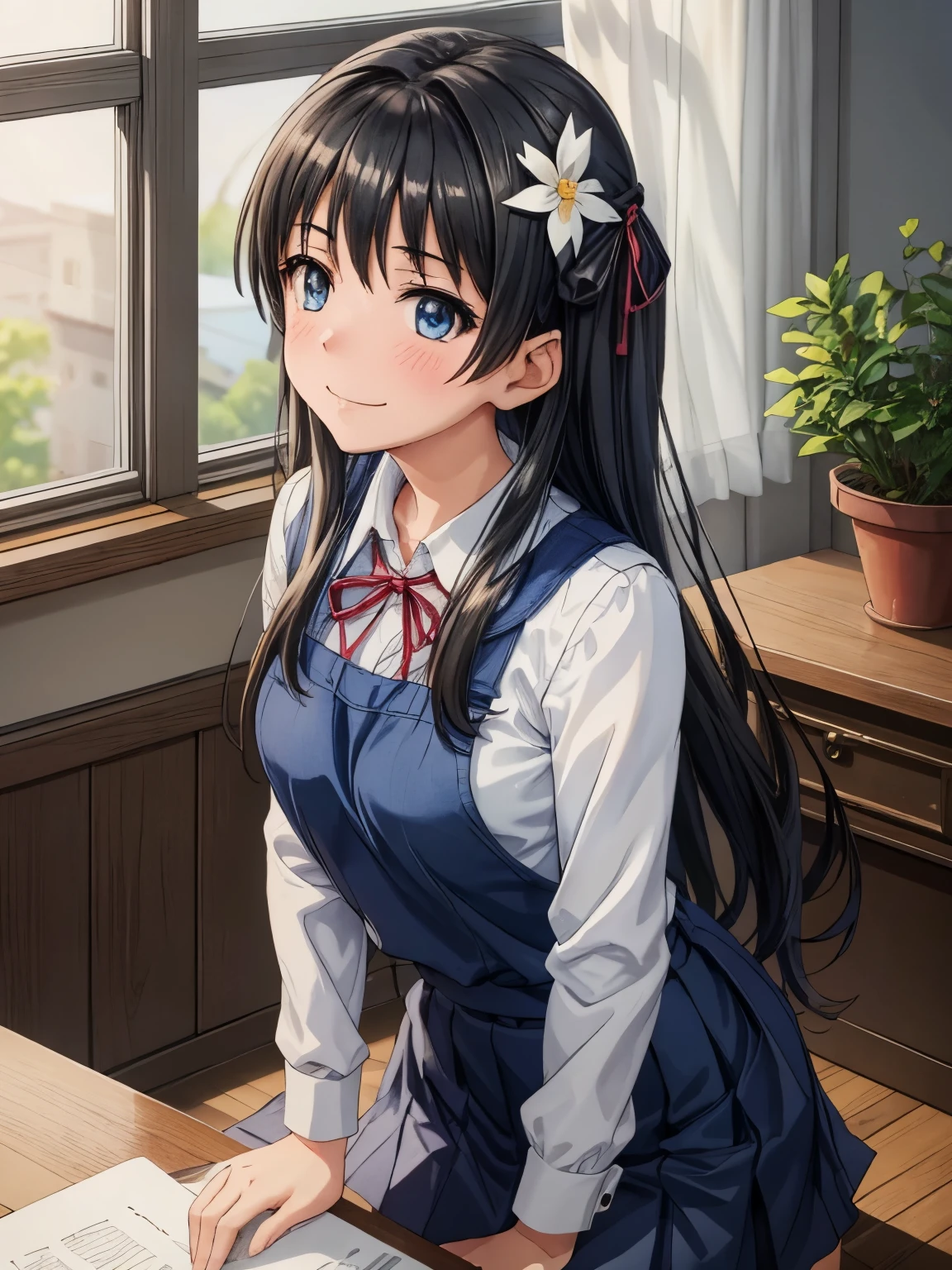 Super detailed, High resolution,[8K image:1.15],garden、saten_ruiko、whole body、smile、（anime illustration style：1.5）、closed mouth、black hair, (light blue eyes), hair ribbon、1 girl, alone, long hair,white shirt, pleated skirt, Natural light, soft lighting,, volume lighting, indoors, classroom, highly detailed background,cowboy shot、Overall view、
