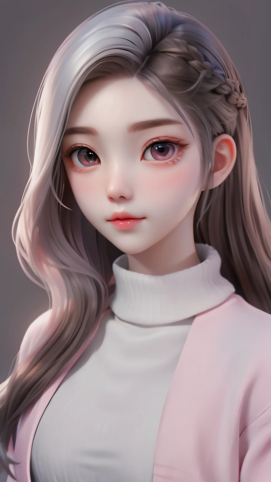 girl, long brown hair, gray eyes, Sharp features, white skin, pink lips, wavy hairstyle, sweater, brown jacket