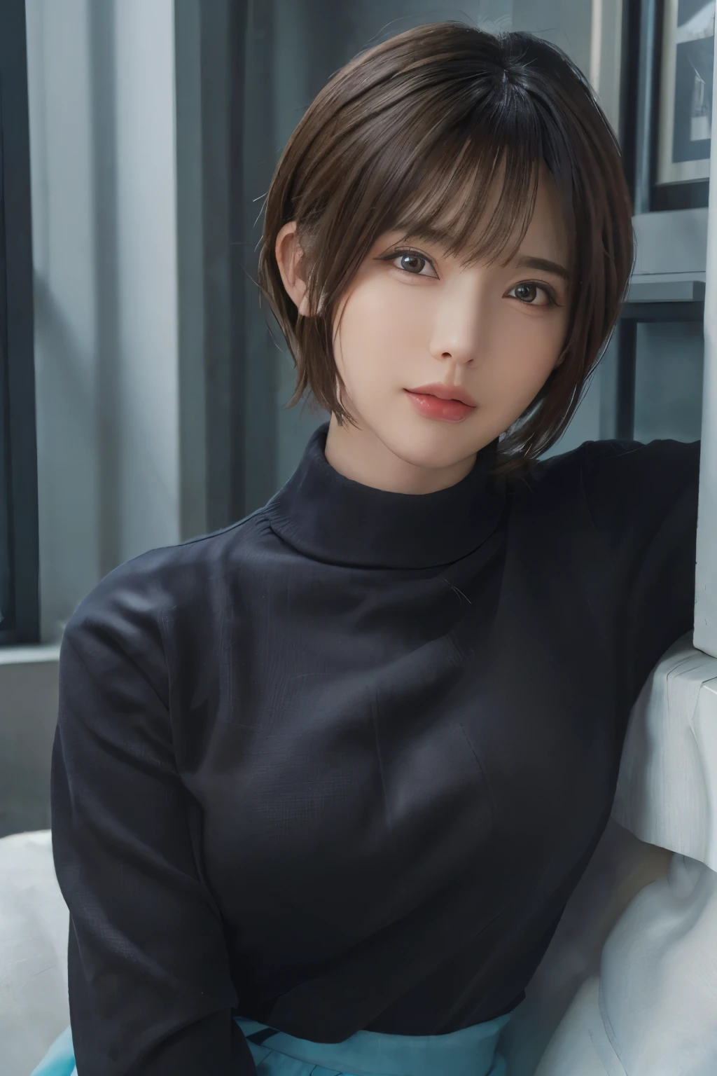 (masterpiece:1.3), (8K, realistic, Raw photo, highest quality: 1.4), (1 girl), beautiful face, (realistic face), (black hair, short hair:1.3), beautiful hairstyle, realistic eyes, detailed and beautiful eyes, (realistic skin), beautiful skin, (sweater), disorganized, Charm, ultra high resolution, surreal, very detailed, golden ratio,whole body,skirt