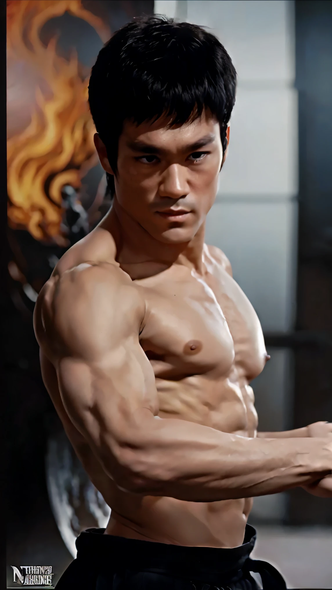 Performance(((martial arts superstar)),black pants, Fire dragon in the background, complicated, high detail, sharp focus, martial arts kung fu, ((The highest quality photorealistic art)), ((masterpiece)), (detailed),(((Advanced repair of deformed fingers with extra fingers,Eye,Body,muscle,face shape,leg))) (topless:1.7) the last airbender". Describes him as having a strong square jaw line, Gaunt cheeks and thin face, topless, 注意他Eye上伤疤的细节, 金色的Eye, 他是一个Jeet Kune Do武士, Jeet Kune Do, messy hair, and a hue, 他muscle发达的体格反映了他的训练和决心. capture his expression, The entire series reflects his inner self and growth. The background should be dark and contain curved dragon fire. Use dark and bold colors......, Mortal Kombat, 天然muscle, high quality, 漂亮的Eye, (detailed脸部和Eye), noise, real photography、... ...................................................................................................PSD, sharp focus, High resolution (8K), actual & Professional photography, 8K Ultra HD, soft light, high quality, film grain, Fuji XT3