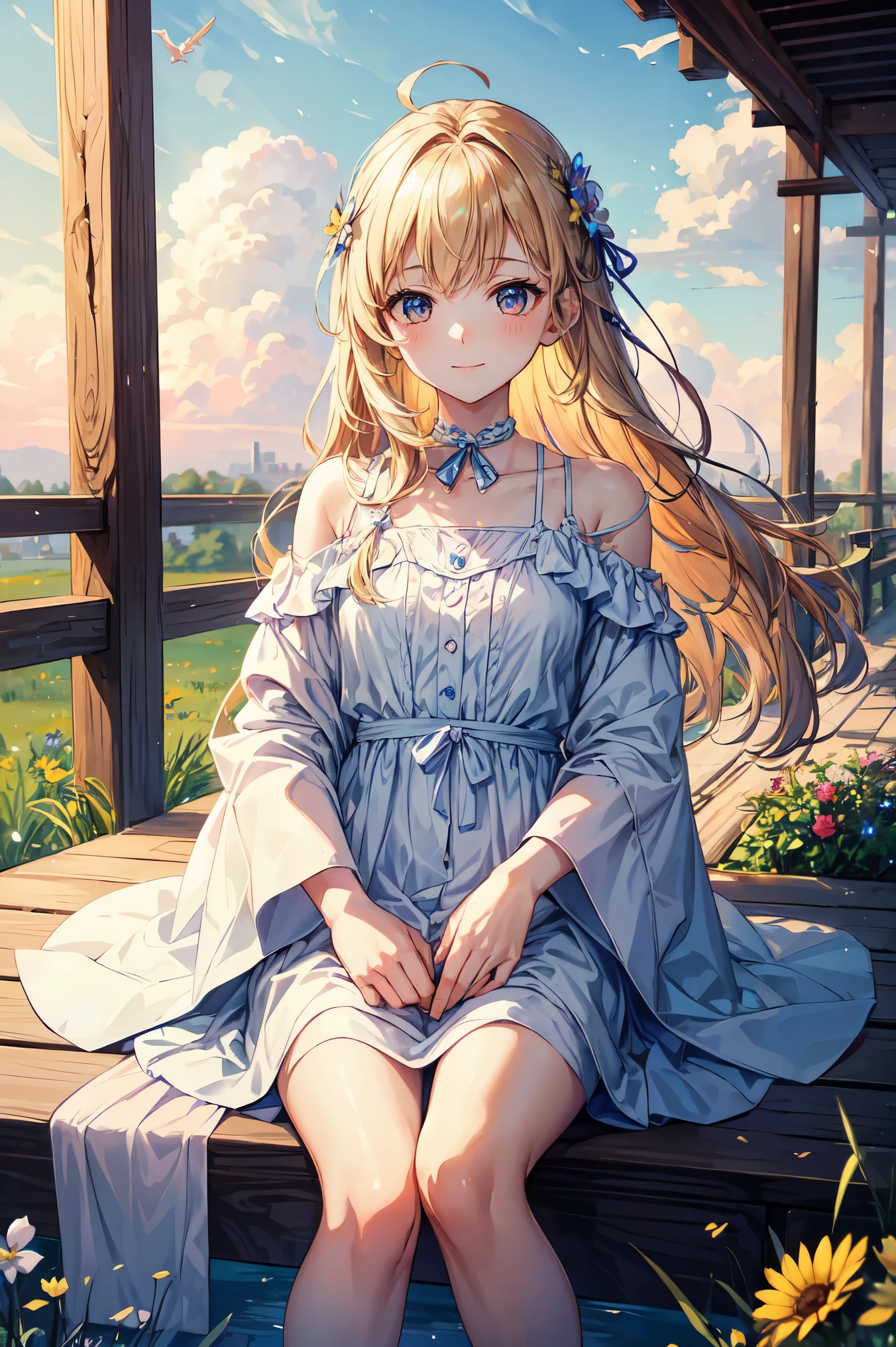 relaxing style, warm atmosphere, masterpiece, highest quality, Super detailed beautiful face and eyes, with a girl, anime style, (A girl looking at the sky while being healed by the pleasant breeze and beautiful sky), spring, sitting, A small bird is flying, sun, wild flowers, in the middle of a long journey, break, stream, small bridge, relaxed smile