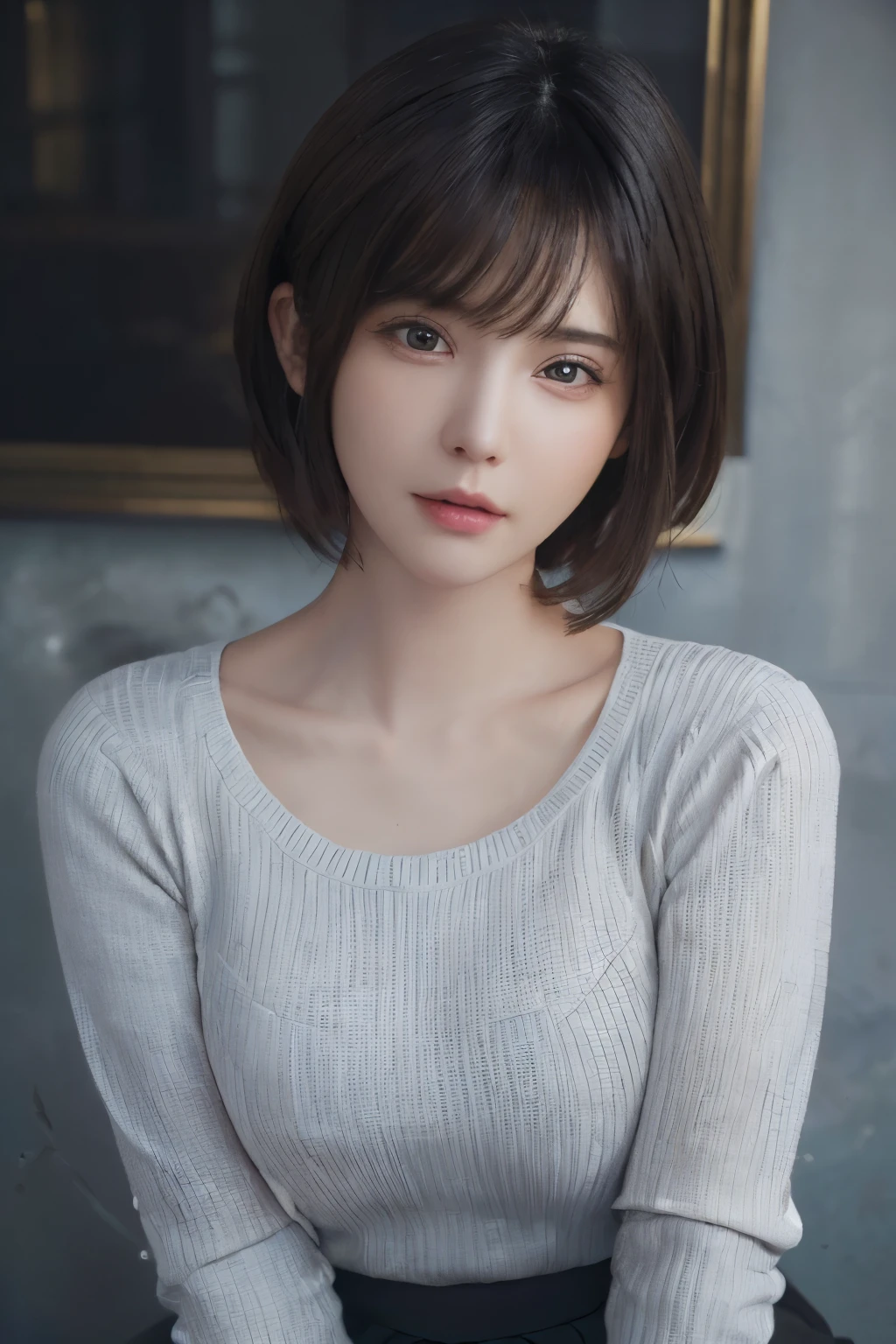 (masterpiece:1.3), (8K, realistic, Raw photo, highest quality: 1.4), (1 girl), beautiful face, (realistic face), (black hair, short hair:1.3), beautiful hairstyle, realistic eyes, detailed and beautiful eyes, (realistic skin), beautiful skin, (sweater), disorganized, Charm, ultra high resolution, surreal, very detailed, golden ratio，whole body，skirt
