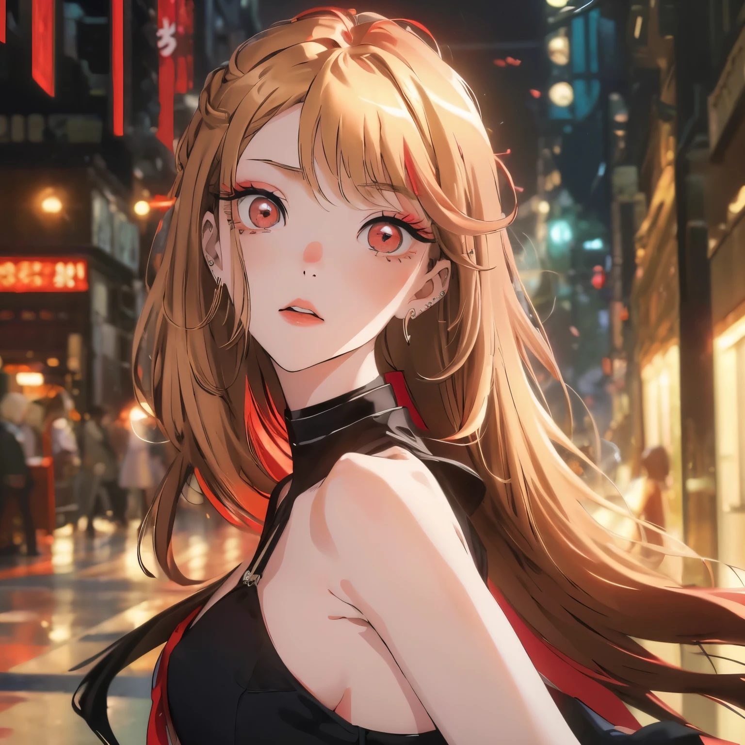 (masterpiece, best quality), Marin Kitagawa, beautiful girl, blonde hair, choker, ear piercing, earrings, long hair, piercing, (red eyes:1.5), straight hair, swept bangs, black dress big ass  , medium ,  , Exquisite visuals, high-definition,masterpiece,best quality, looking at viewer,looking at viewer,