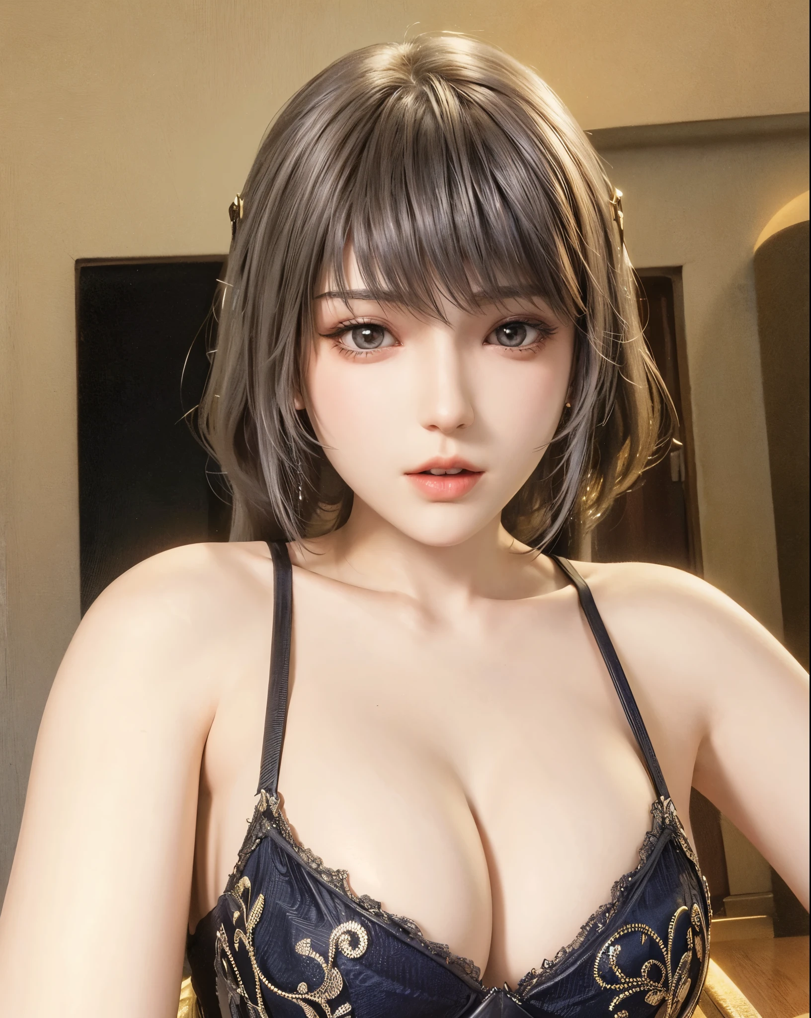 photorealistic, high resolution, soft light,1women, solo, hips up, (shining skin), (big breast), (detailed face), cute, (bangs)