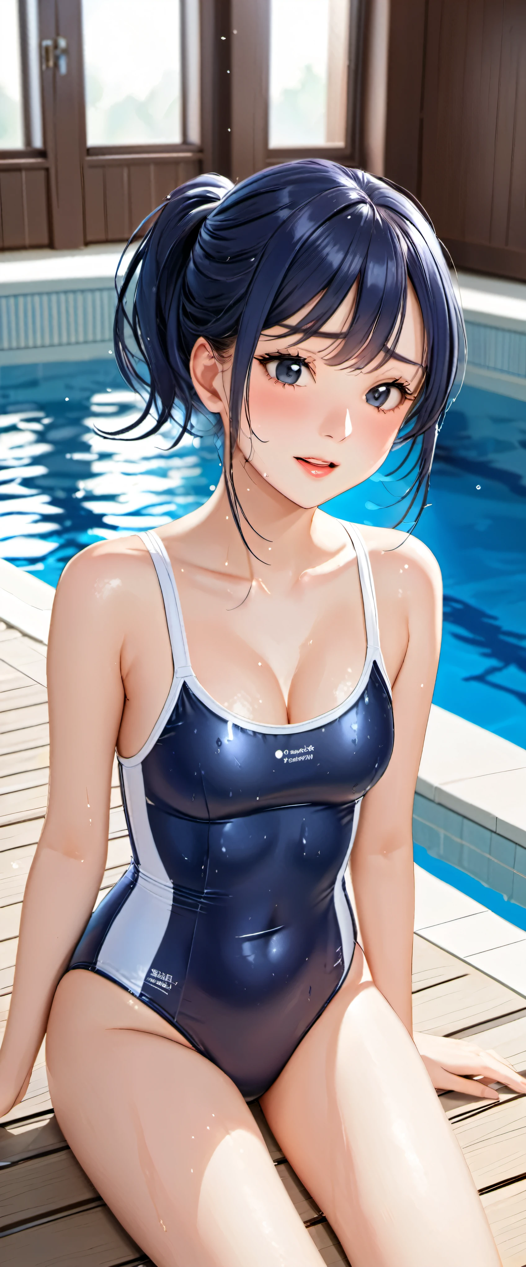 High resolution, woman , good lighting, despicable, , (No nudity), (((Dark blue shiny school swimsuit))), pool, cute face, I&#39;m embarrassed and blush, humiliating, ((spread your legs and sit)), ((wet with sweat))((A sticky  adheres to your swimsuit.))sit、