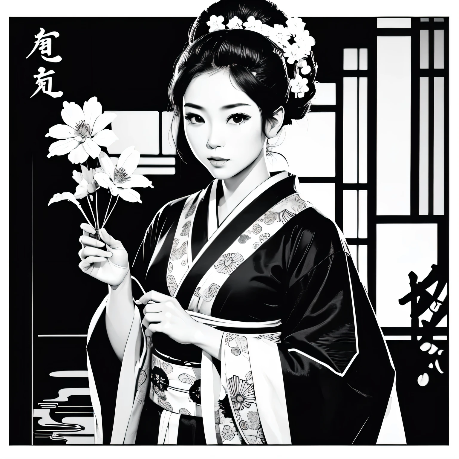 Art vintage japonais, Conception de t-shirts, art vectoriel, art plat, :1,4. japonaise en kimono,cheveux courts ,black and white,