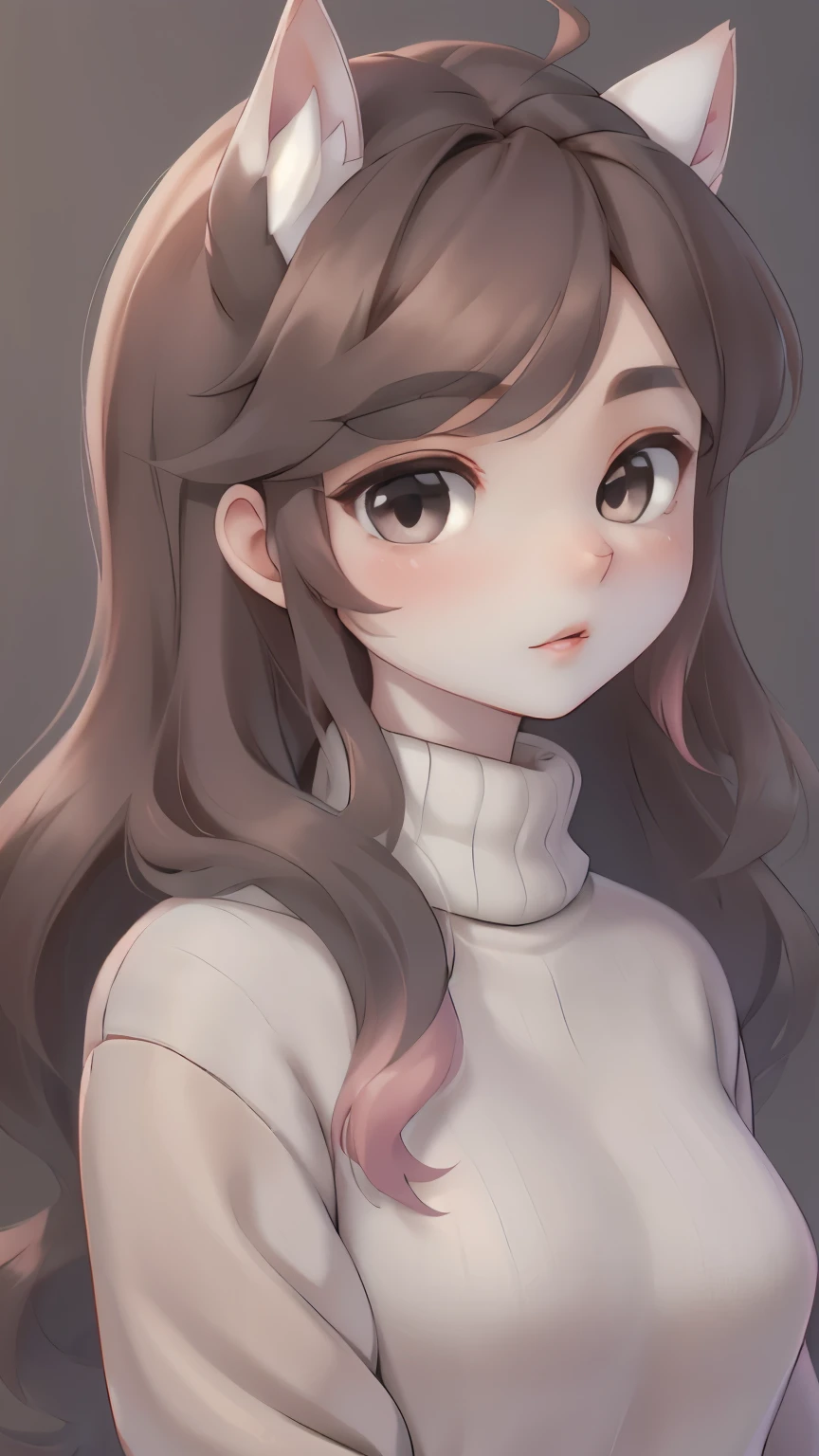 girl, long brown hair, gray eyes, Sharp features, white skin, pink lips, wavy hairstyle, sweater, brown jacket