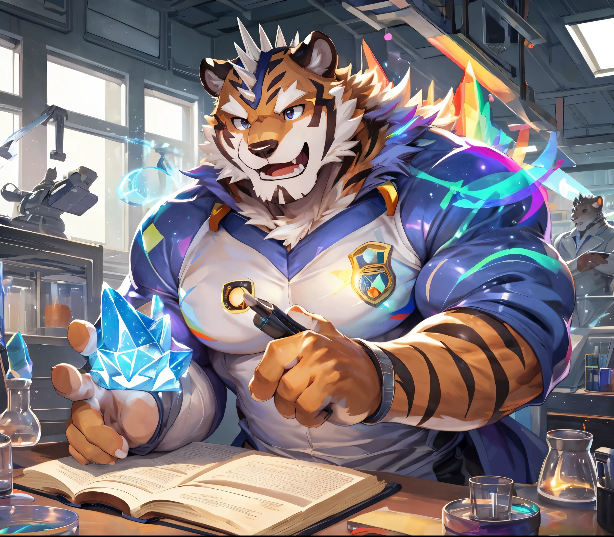 masterpiece,high quality,anime,detailed eyes,furry male White Tiger, Ryekie, Great physique,strong arms manly, in the Big School, Studying on the Room, Laboratory, Scientist suit, analyzing the project, (Rainbow Spark), Shimmering Magic crystal, Joyful, by null-ghost,by pino daeni