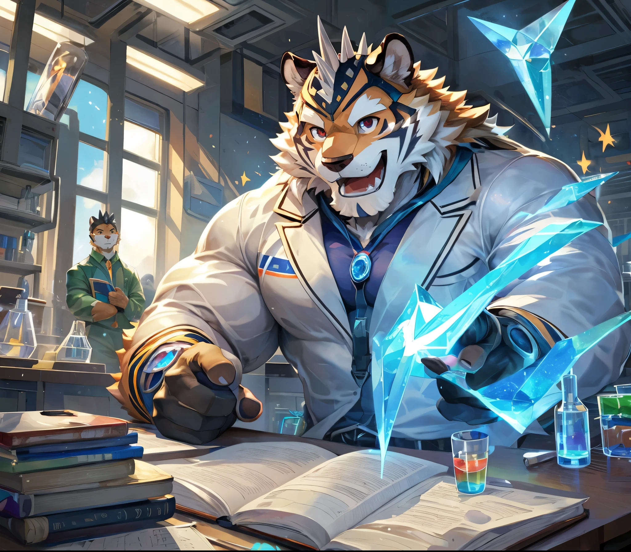 masterpiece,high quality,anime,detailed eyes,furry male White Tiger, Ryekie, Great physique,strong arms manly, in the Big School, Studying on the Room, Laboratory, Scientist suit, analyzing the project, (Rainbow Spark), Shimmering Magic crystal, Joyful, by null-ghost,by pino daeni