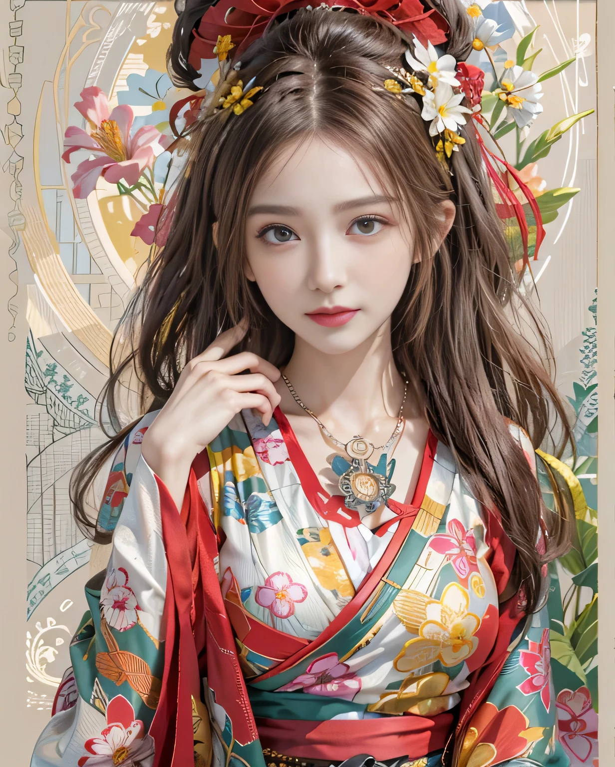 Realistic hair color，Light color close to black., High resolution, soft light,1 lady, alone, hip lift, sparkling skin, (Detailed face), Chestnut wavy hair, catch the audience&#39;s eyes, Lover&#39;s perspective, invitation expression, sexy smile, Delicate skin, beautiful hair accessories，top quality、(Zentangle、mandala、tangled、entangled)、There are many colorful flowers on the background、red gradient on chestnut hair、Oiran clothes、Oiran、Make it look like a real photo、clear skin、fit、Small breasts，B size、There are many colorful flowers on the background、Covering your hair with your ears、Viewed from diagonally above、