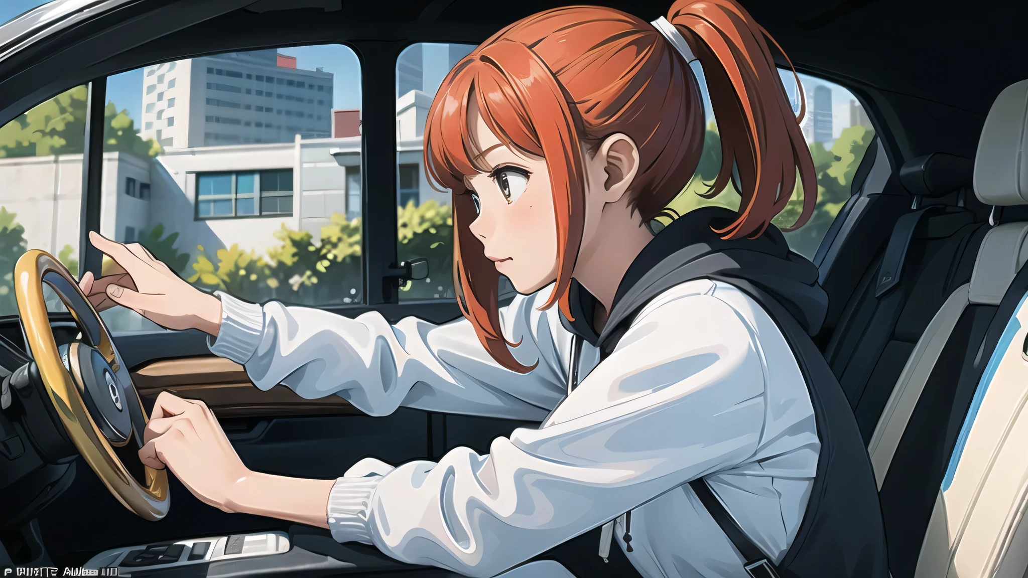 (masterpiece, highest quality), (colorful:1.4）sense of speed，one girl driving a car, profile，Depth of written boundary,head whole,hoodie,cute,