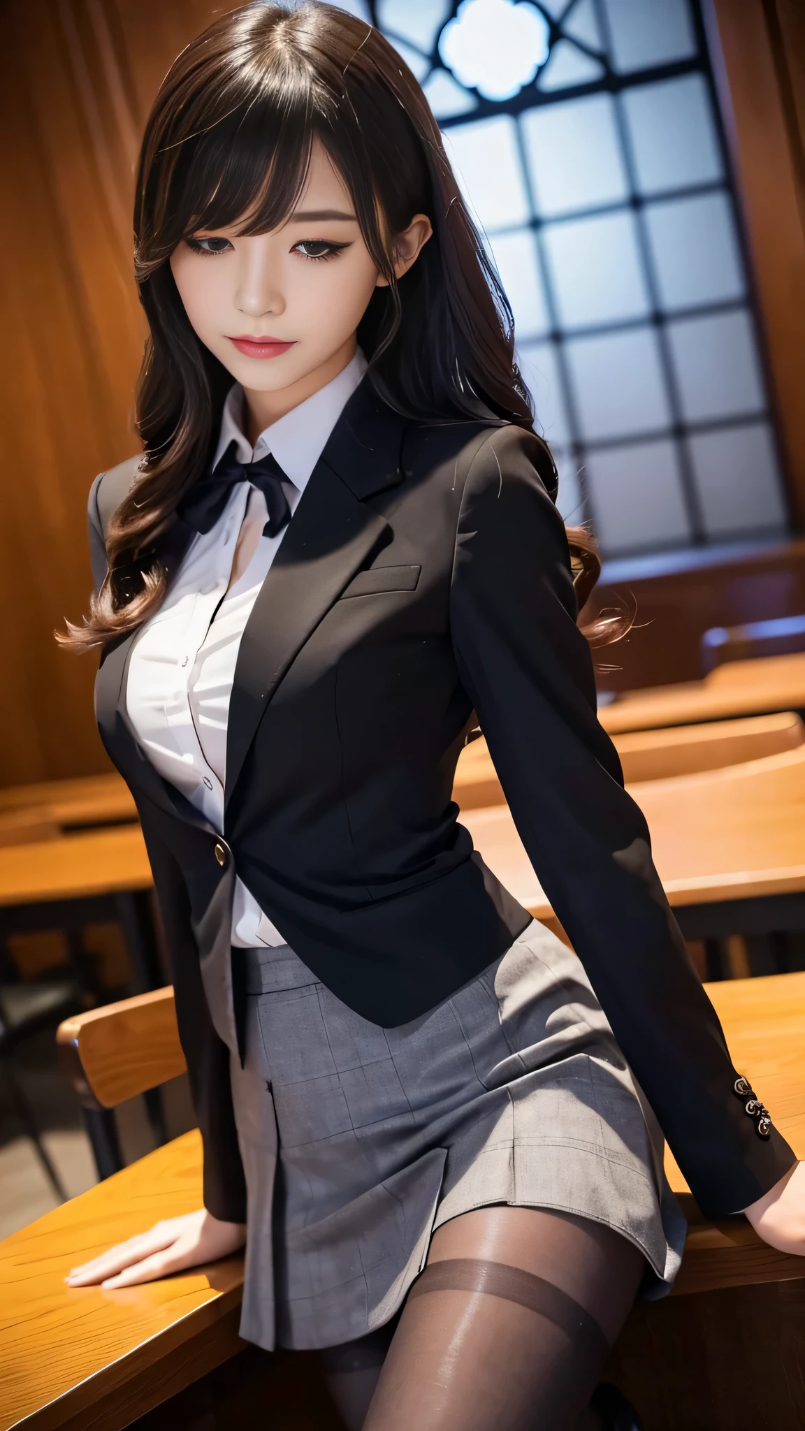 ltra-detailed、Japanese、attractive beauty、seductive adult woman、pretty woman、piercing eyes、cool girl、wavy hair、swept bangs、Female student、suit、Jacket、shirt、ribbon、blouse、Tight Skirt、pantyhose、beautiful feet、Evil cadres、evil depravity、brainwash、mind control、lipstick、smirk、dark makeup、hollow eyes,half-closed eyes、evil look、evil、empty eyes、evil、church at night、vampire、succubus、vampire、Swear allegiance、stand、